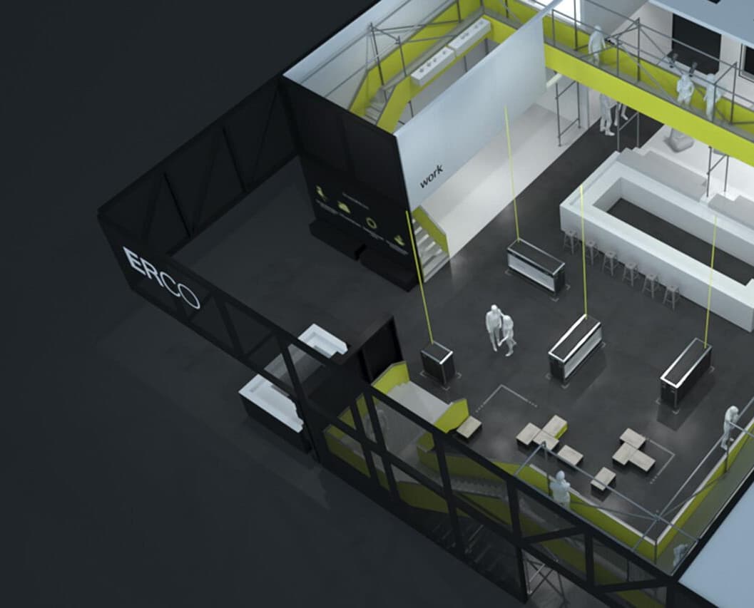 ERCO Messestand auf der Light + Building 2024 mit interaktiven Lichtinstallationen.