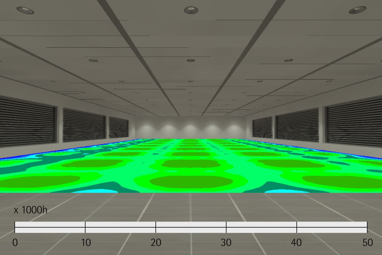 Visualisierung der Ausleuchtung eines Büros mit ERCO LEDs über 50.000 Betriebsstunden.