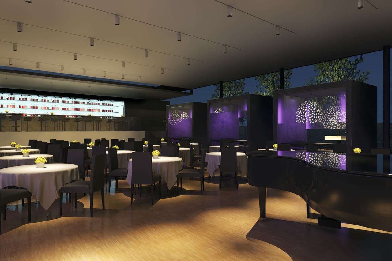 Restaurantbeleuchtung mit ERCO Downlights für angenehme Atmosphäre und Akzentuierung.
