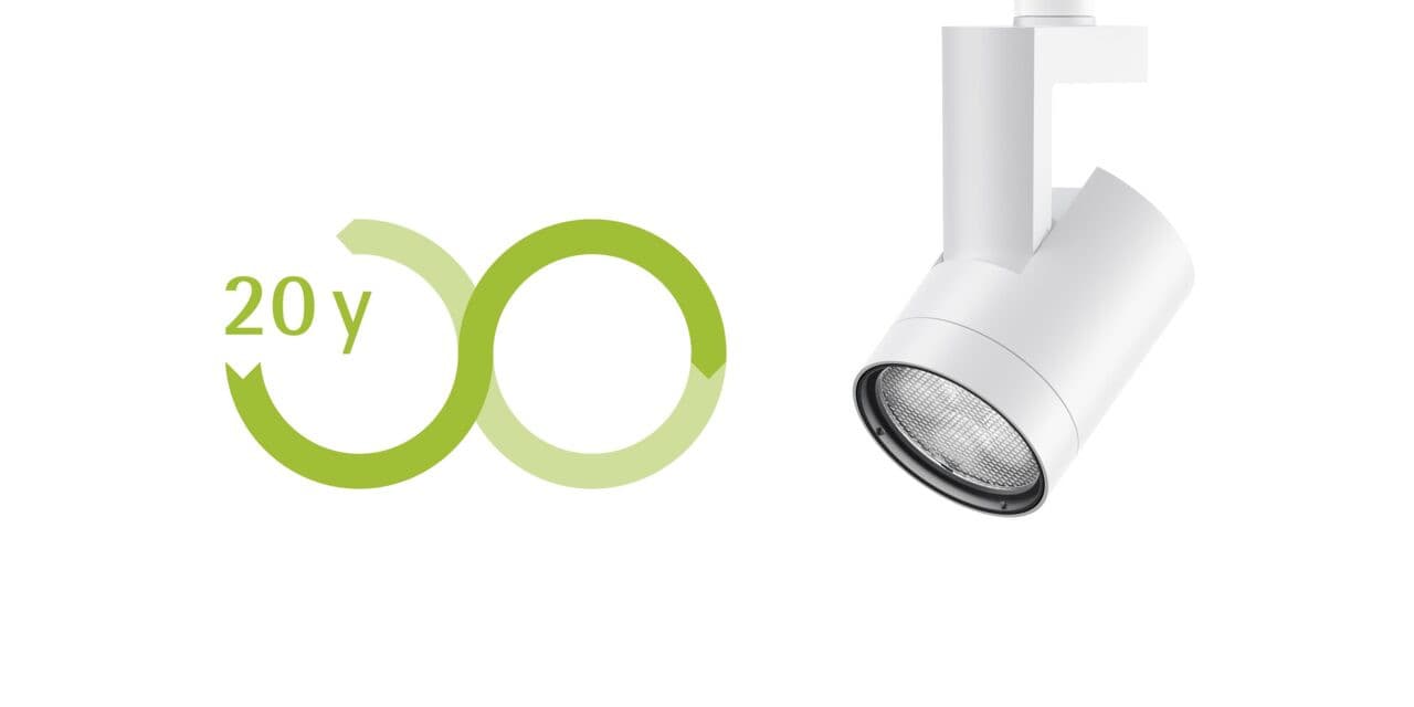 Symbol für 20 Jahre ERCO Lichtgarantie, die Langlebigkeit und Nachhaltigkeit der LED-Lichtlösungen betont.