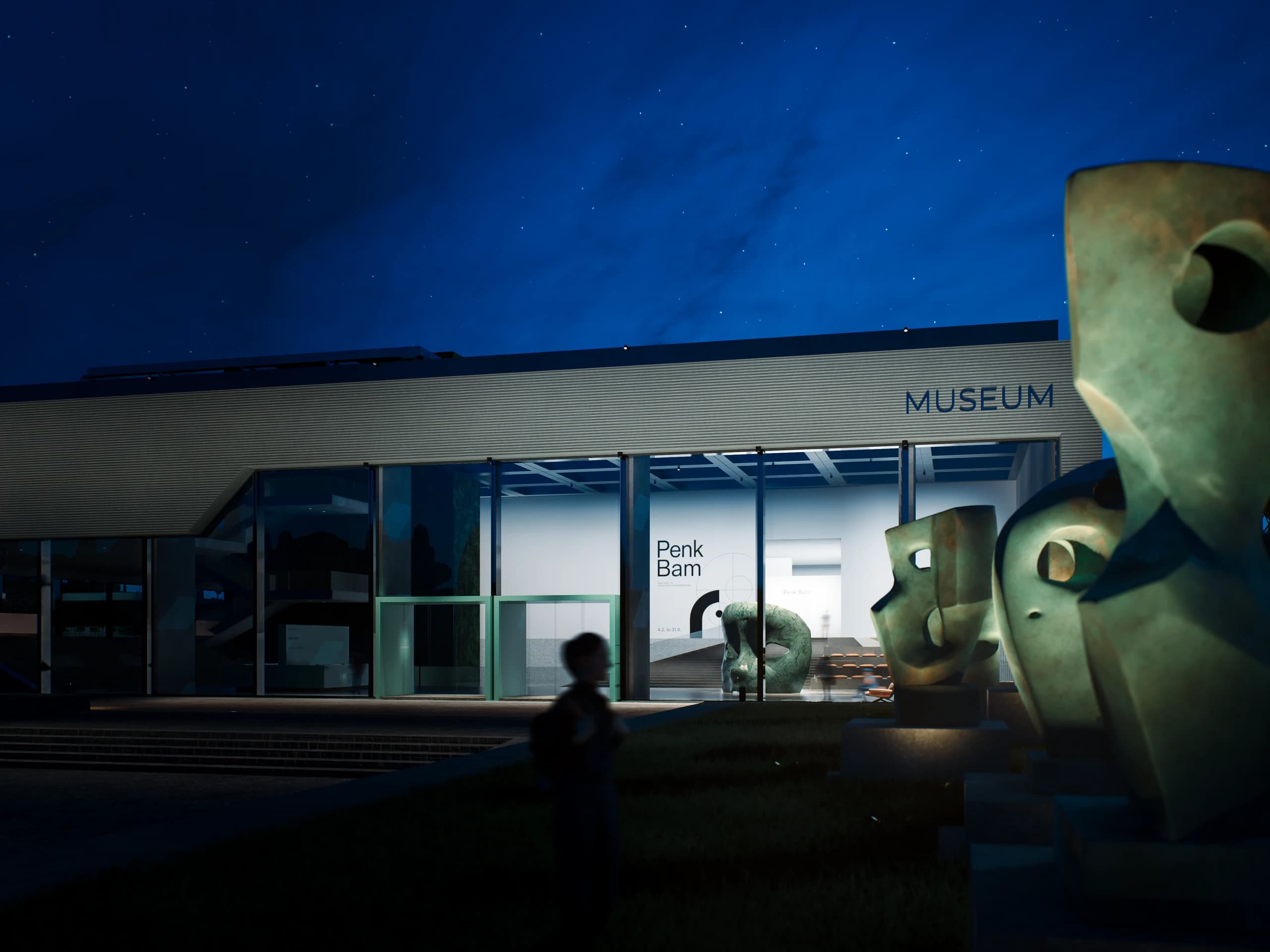 Museumseingang bei Nacht, Gesamt beleuchtet