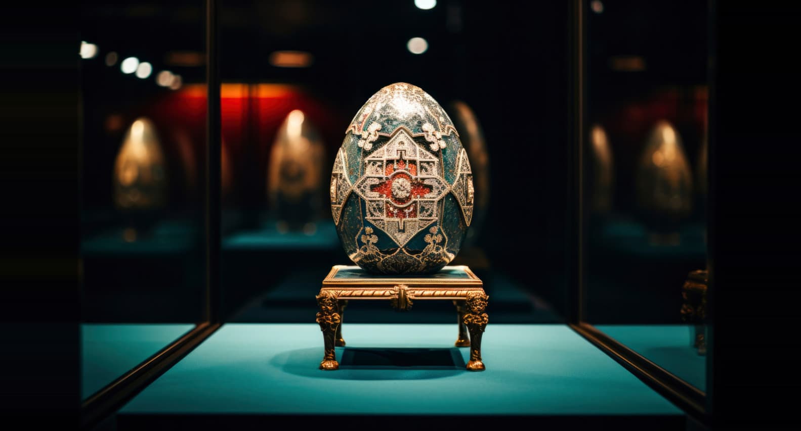 Ein Fabergé-Ei, kunstvoll beleuchtet in einer Galerie, betont die feinen Details und den Wert des Objekts.