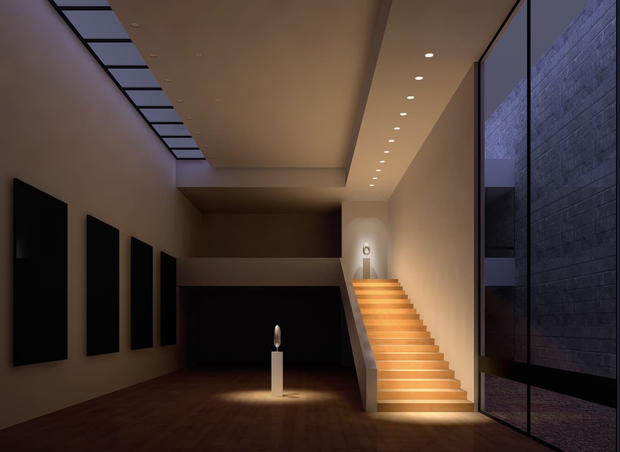 ERCO Lichtdesign: Treppenhausbeleuchtung mit Akzentlicht für funktionale Bereiche.