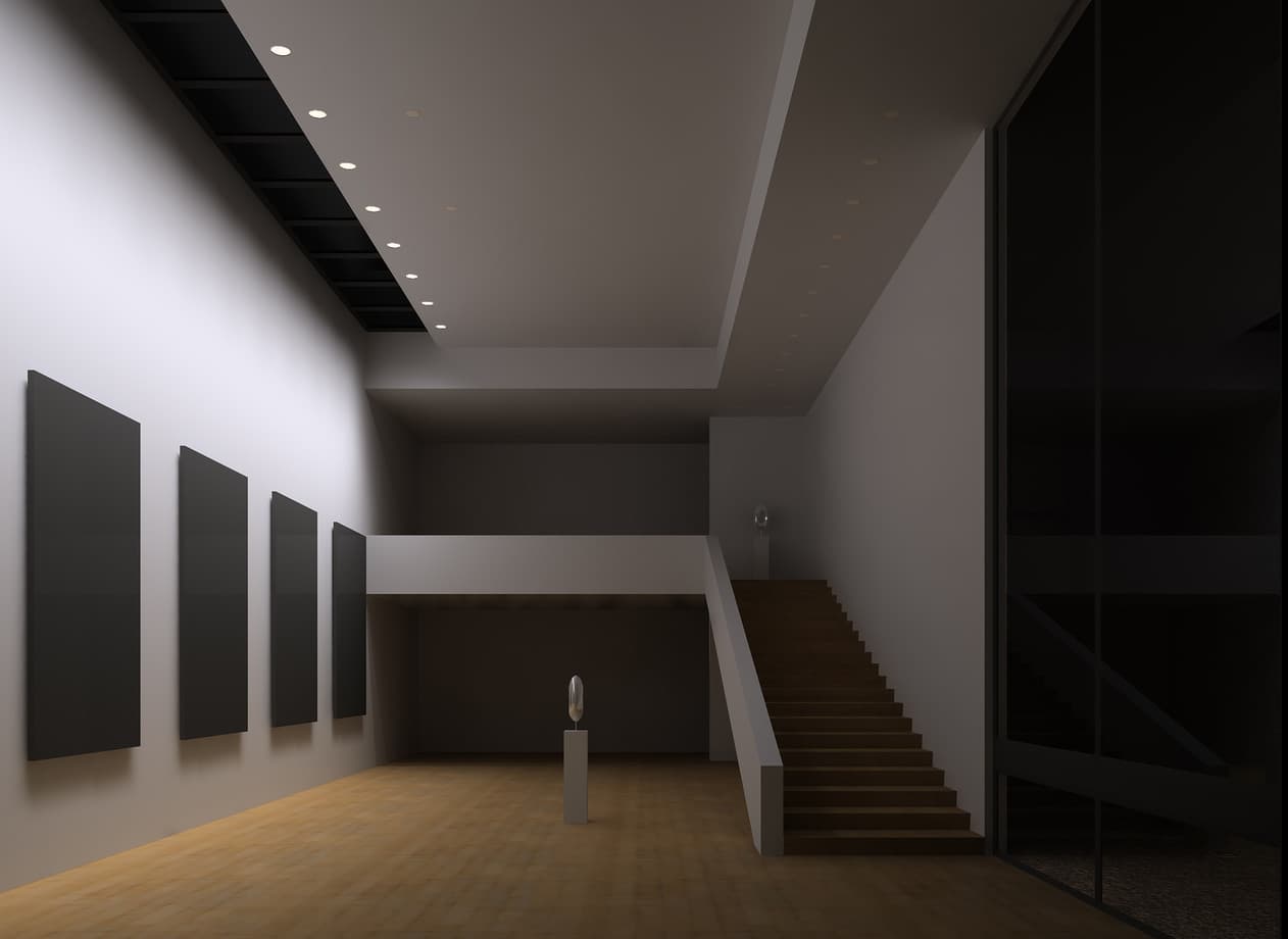 Beleuchtung von Funktionsbereichen in einem Ausstellungsraum mit Akzentbeleuchtung durch ERCO Licht.