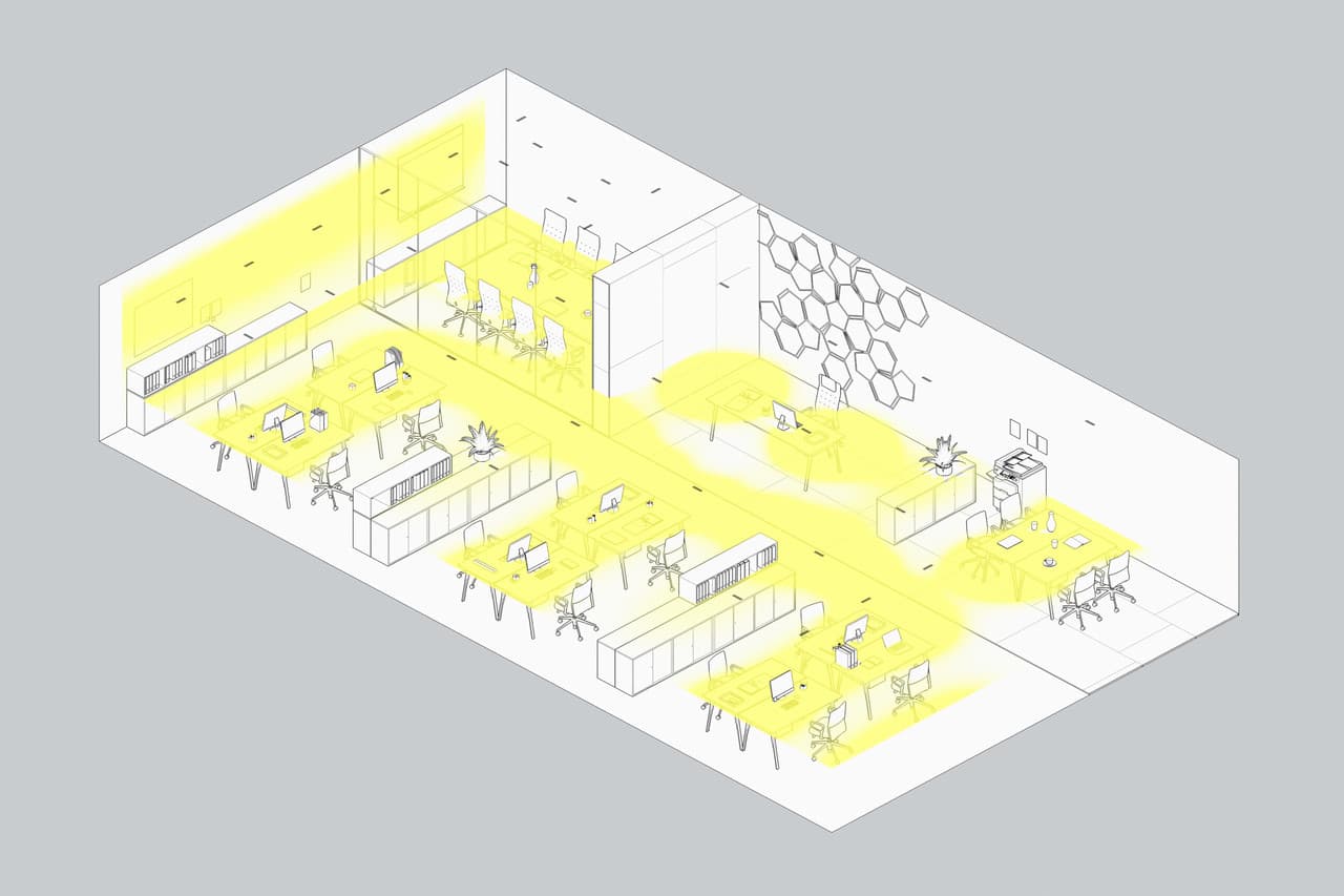 ERCO Bürobeleuchtung: Effiziente visuelle Komfort-Lichtplanung für konzentriertes Arbeiten.