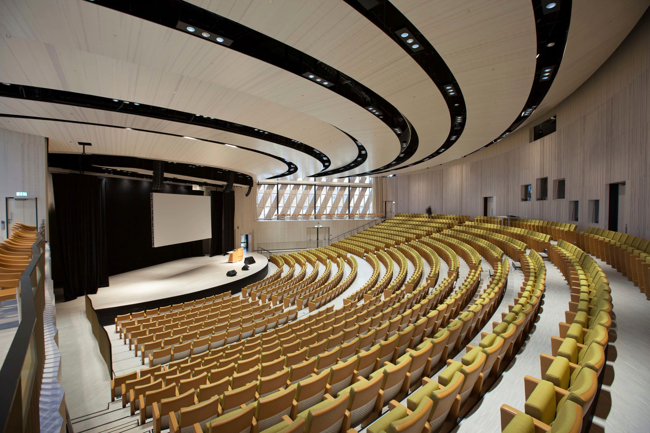 Auditorium mit ERCO Lichttechnik für öffentliche Gebäude, die Wahrnehmung und Kommunikation fördert.