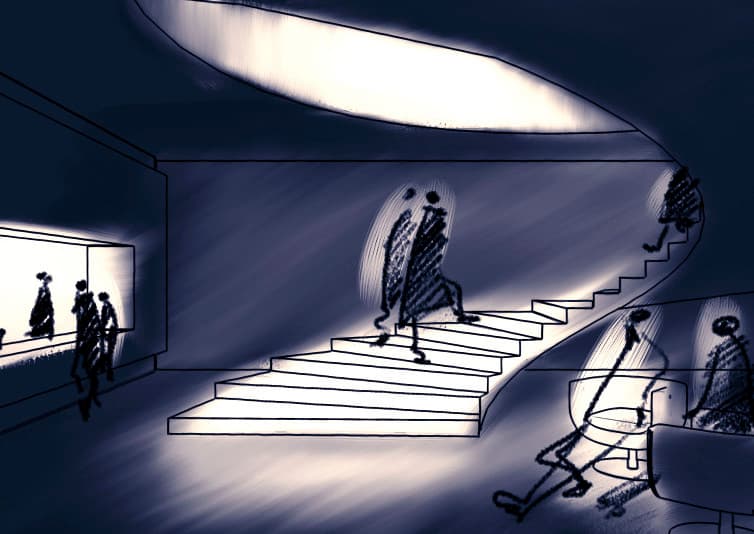 Skizze einer Innenraumbeleuchtung mit Treppe und Personen, die Lichteffekte darstellt.