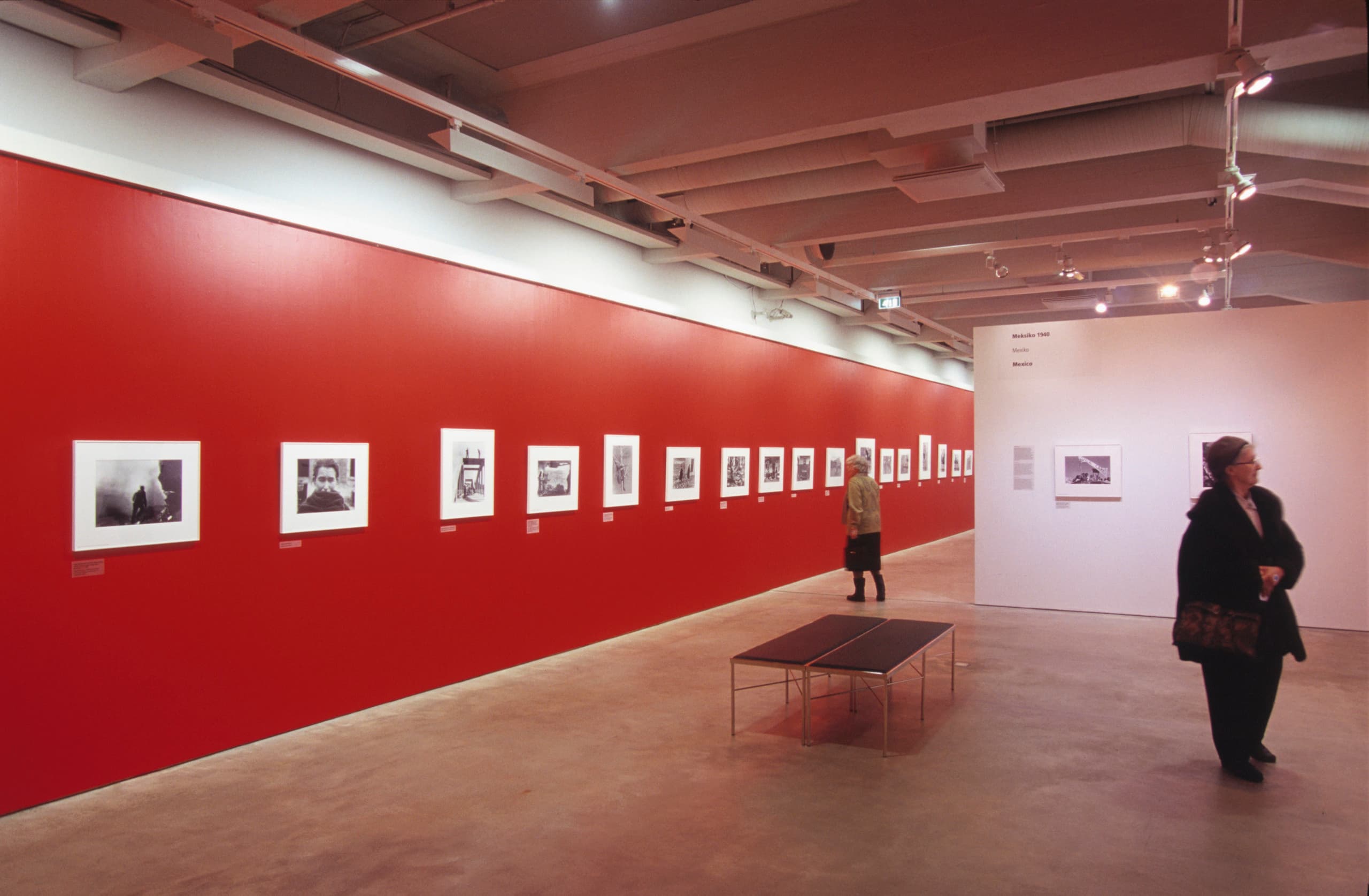 Ausstellung mit roter Wandfarbe, die die Körperfarbe der Kunstwerke beeinflusst.