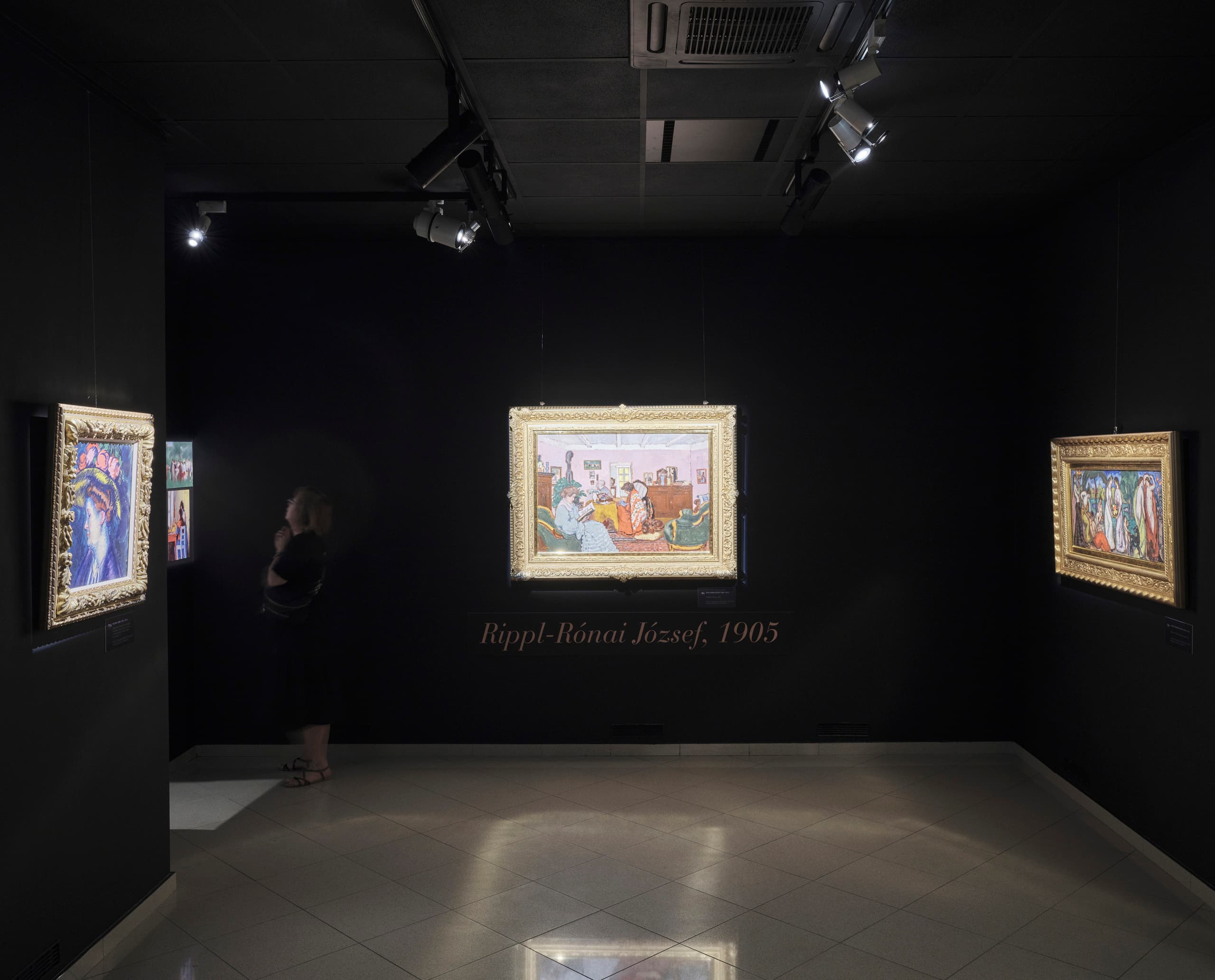Galerieansicht mit Gemälden, die durch gerichtetes Licht präzise hervorgehoben werden.