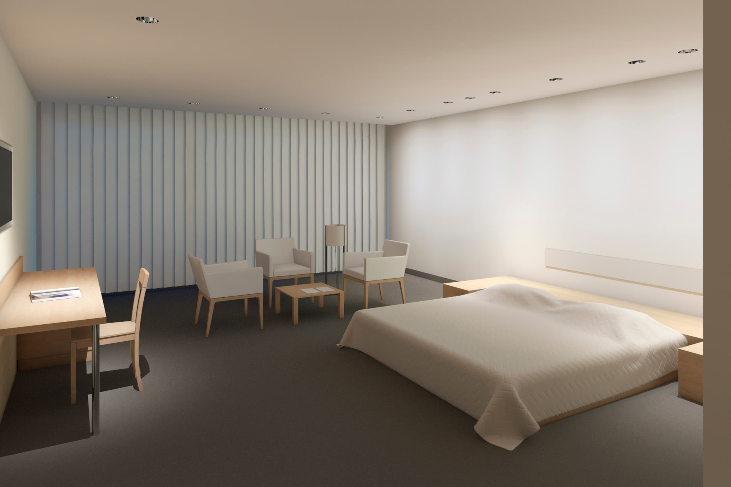 Hotelzimmer mit ERCO Licht: Wandfluter, Akzentbeleuchtung und dekorative Leuchte für eine ausgewogene Lichtatmosphäre.