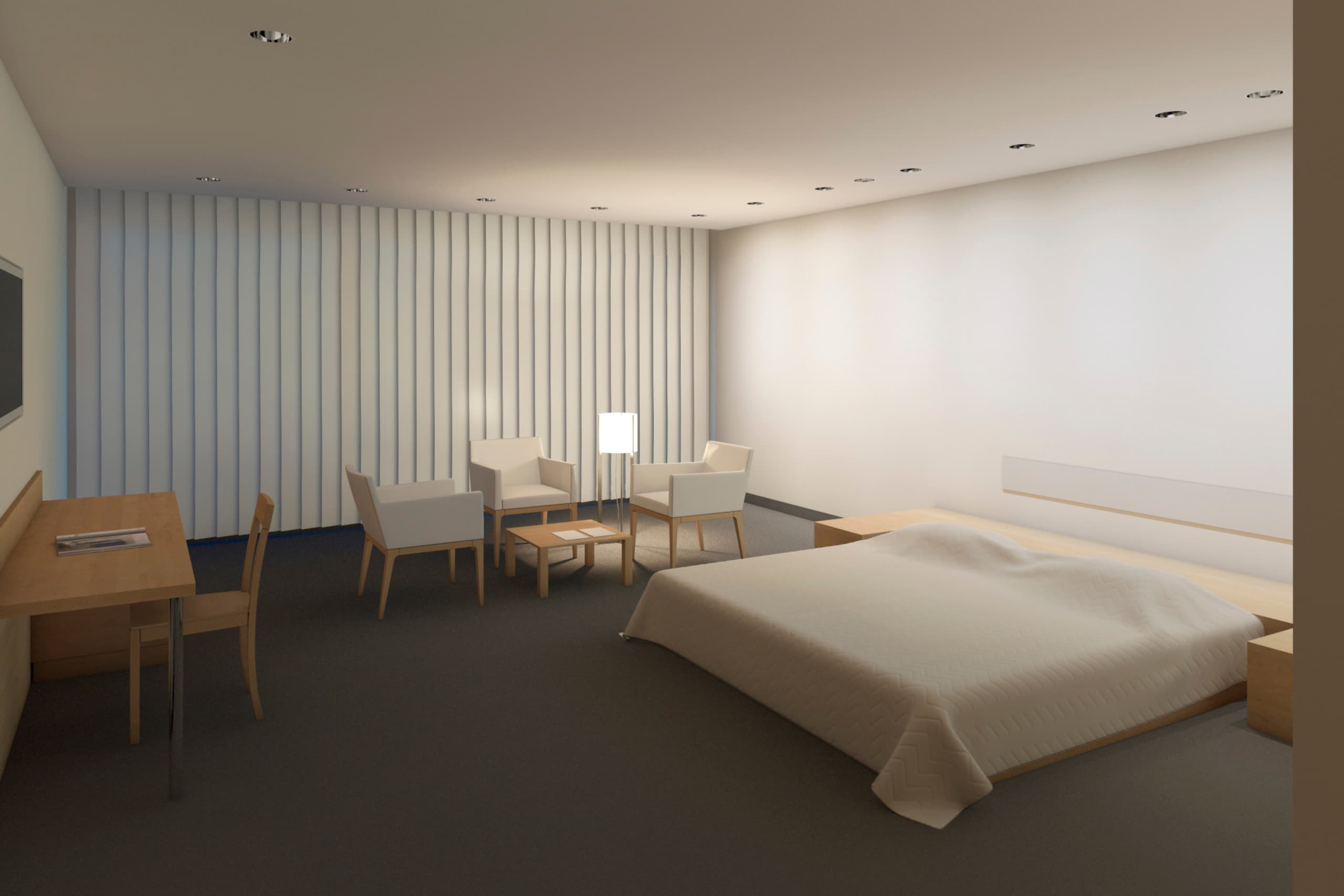 Hotelzimmer mit ERCO Beleuchtung: Wandfluter, Akzentbeleuchtung und dekorative Leuchte schaffen eine ausgewogene Lichtatmosphäre.