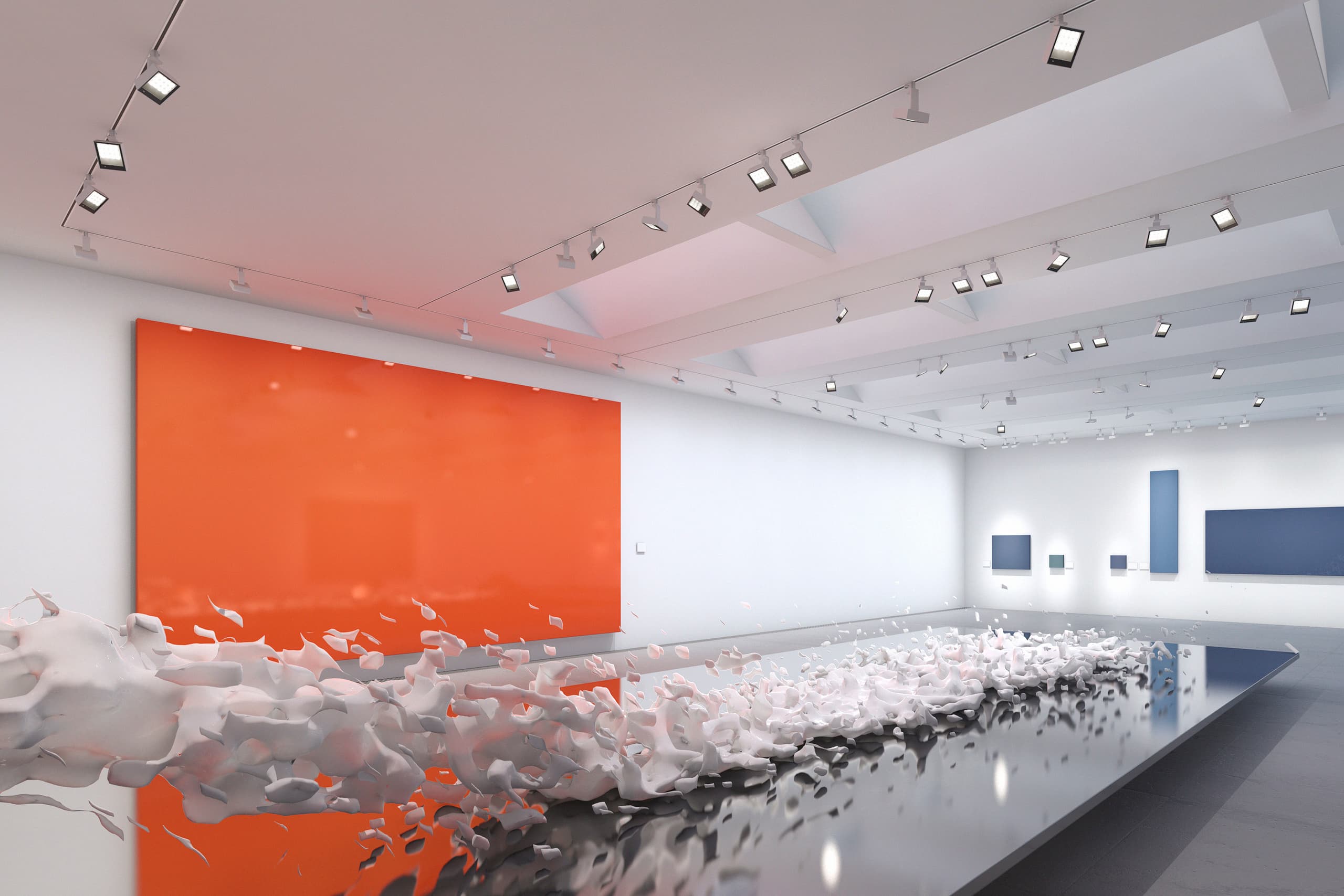 Galerie mit ERCO Lichttechnik: Akzentbeleuchtung und Wallwashing für Kunstausstellung.