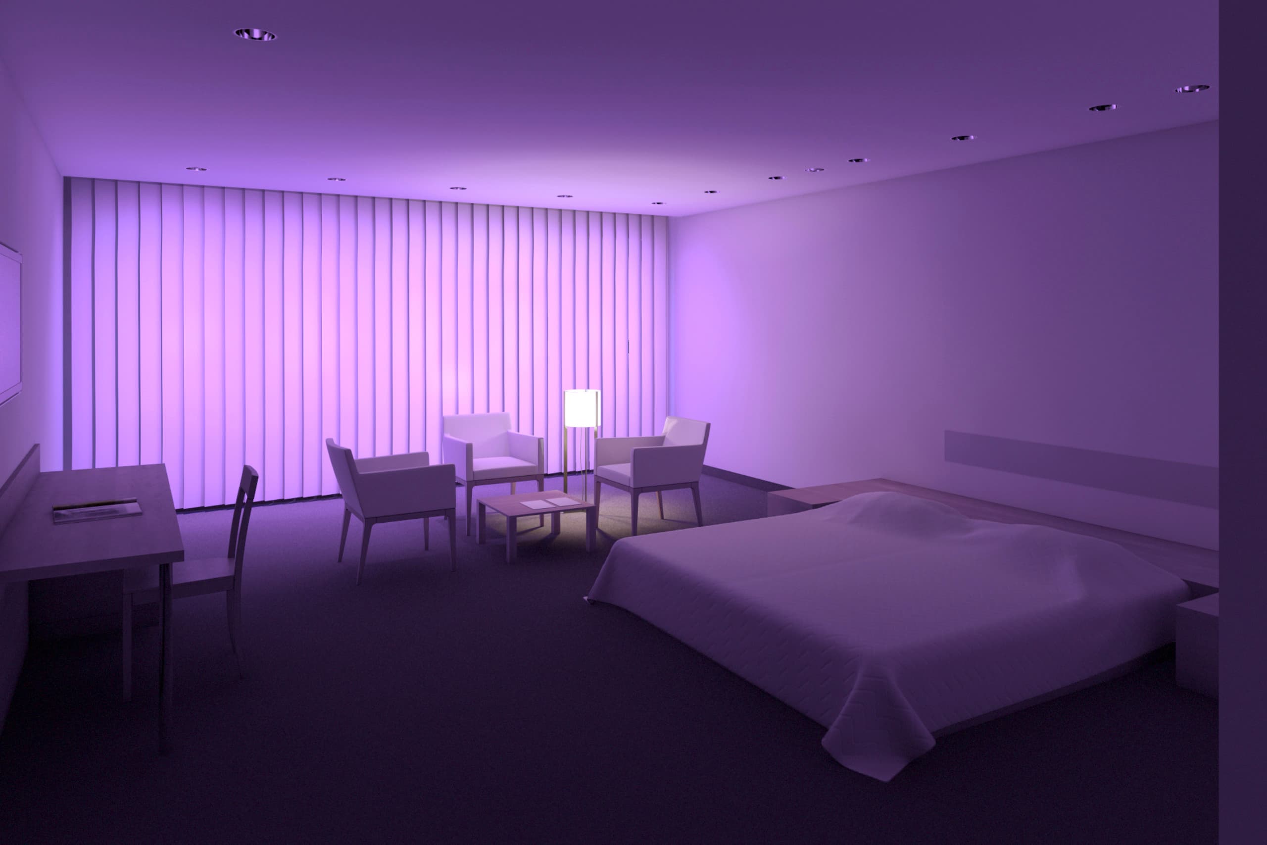 Hotelzimmer mit ERCO Beleuchtung: Akzentuierte Lesebereiche und dekorative Lichteffekte schaffen eine einladende Atmosphäre.