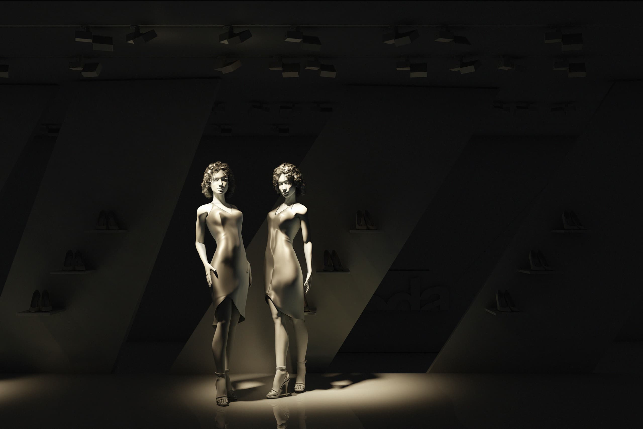 Schaufenster-Inszenierung mit ERCO Licht: Licht, Schatten und Modellierung setzen Akzente auf Mannequins.
