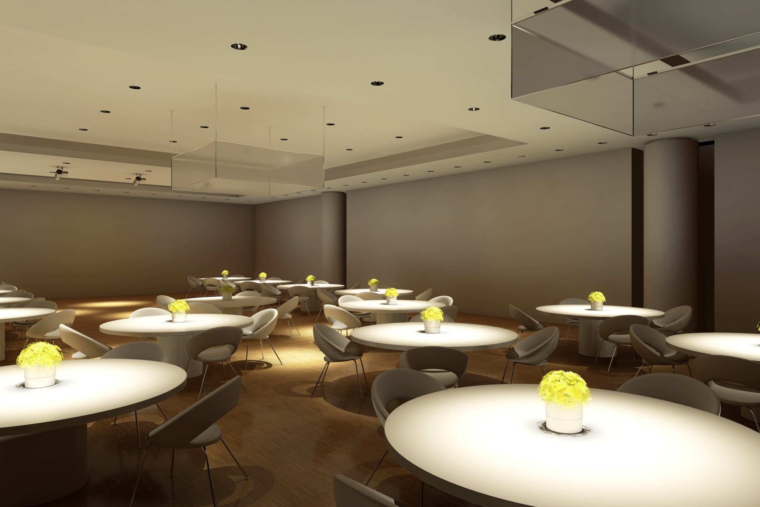 Gala-Multifunktionsraum mit Akzentbeleuchtung für festliche Anlässe, flexible Lichtgestaltung mit ERCO Licht.