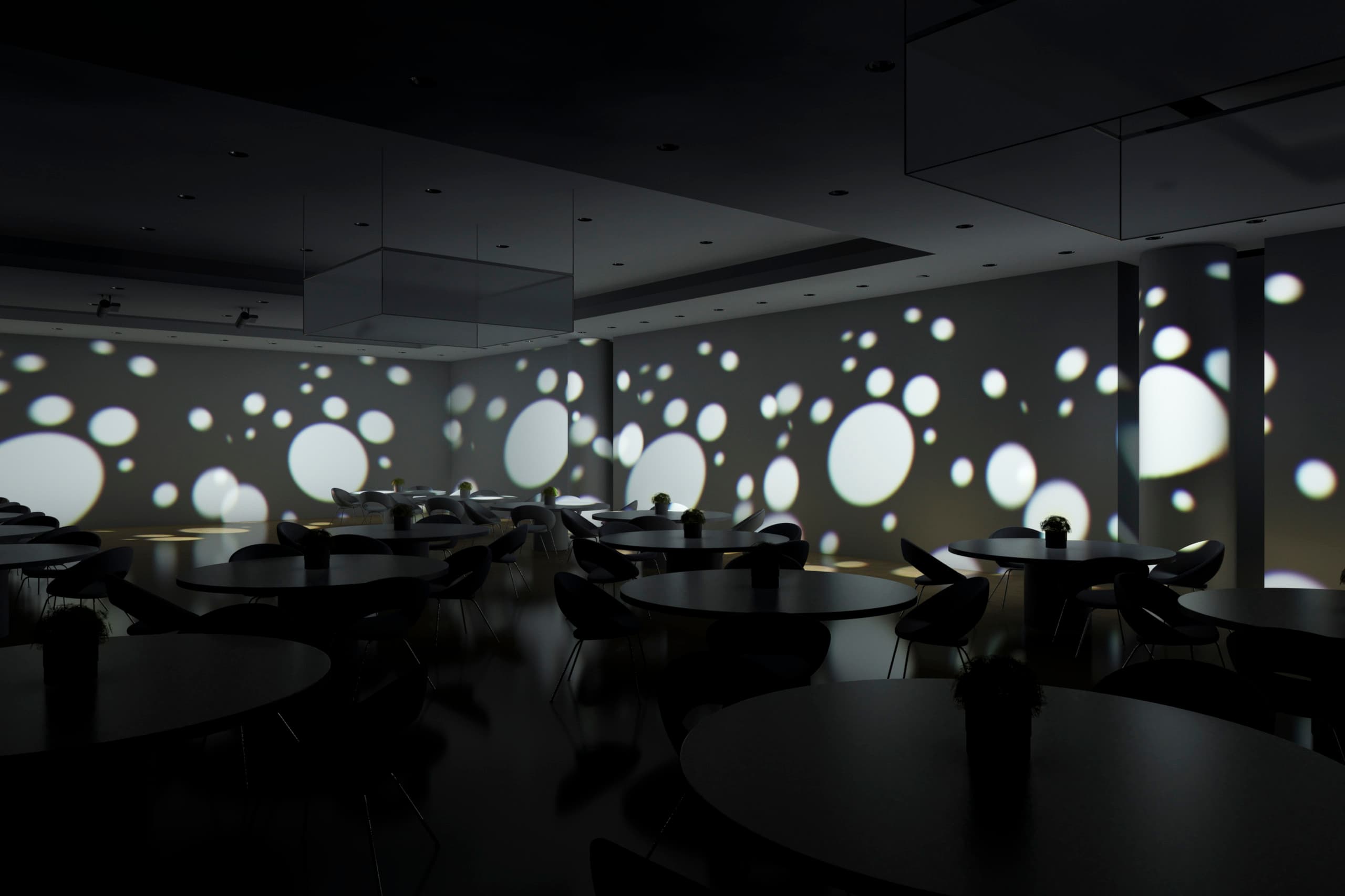 Gala-Multifunktionsraum mit dynamischer Gobo-Projektion für festliche Beleuchtung.