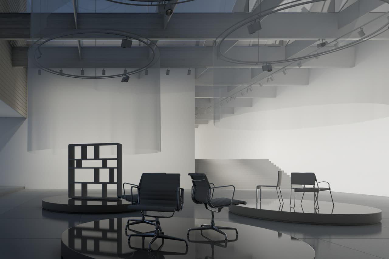 Architektur und Theater: ERCO Lichttechnik inszeniert Ausstellungsstücke mit flexiblen Strahlern in einem modernen Foyer.