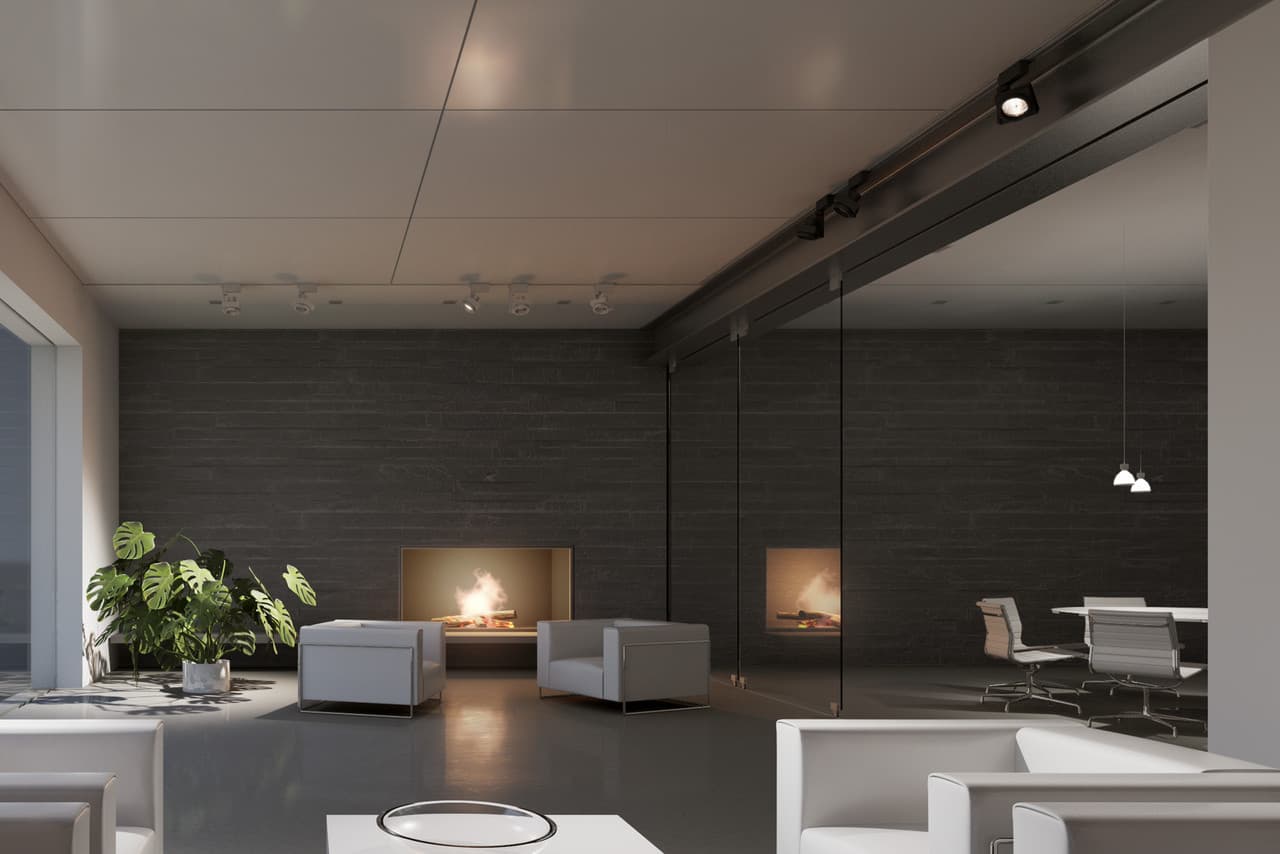 ERCO Lichtdesign: Wohnraum mit Kamin und Akzentbeleuchtung für eine gemütliche Atmosphäre.