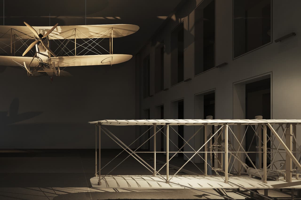 Beleuchtetes Flugzeugmodell, das die räumliche Differenzierung durch Licht demonstriert.