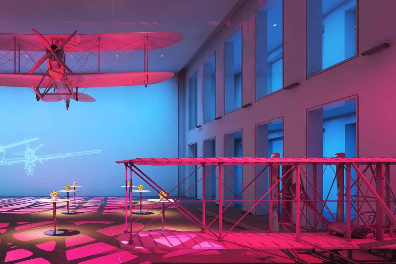 Farbige ERCO-Beleuchtung akzentuiert ein Flugzeugmodell und eine Brückenkonstruktion in einem Ausstellungsraum.