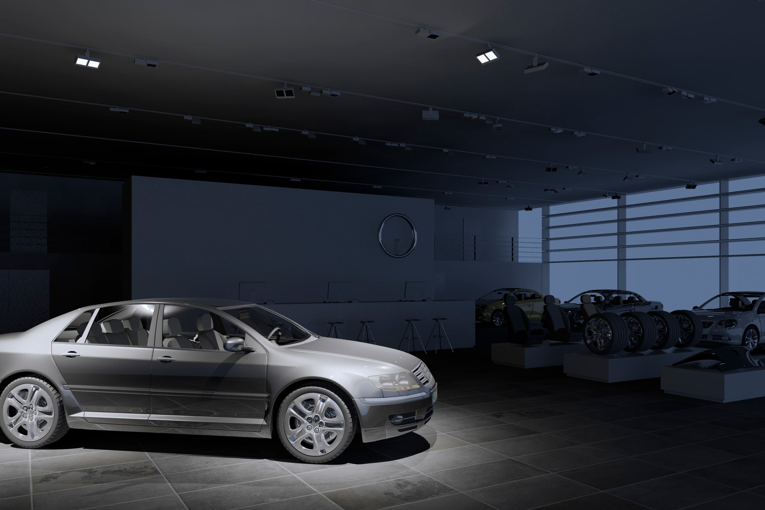 Ein Auto im Autohaus, beleuchtet mit ERCO Strahlern für eine hochwertige Präsentation.