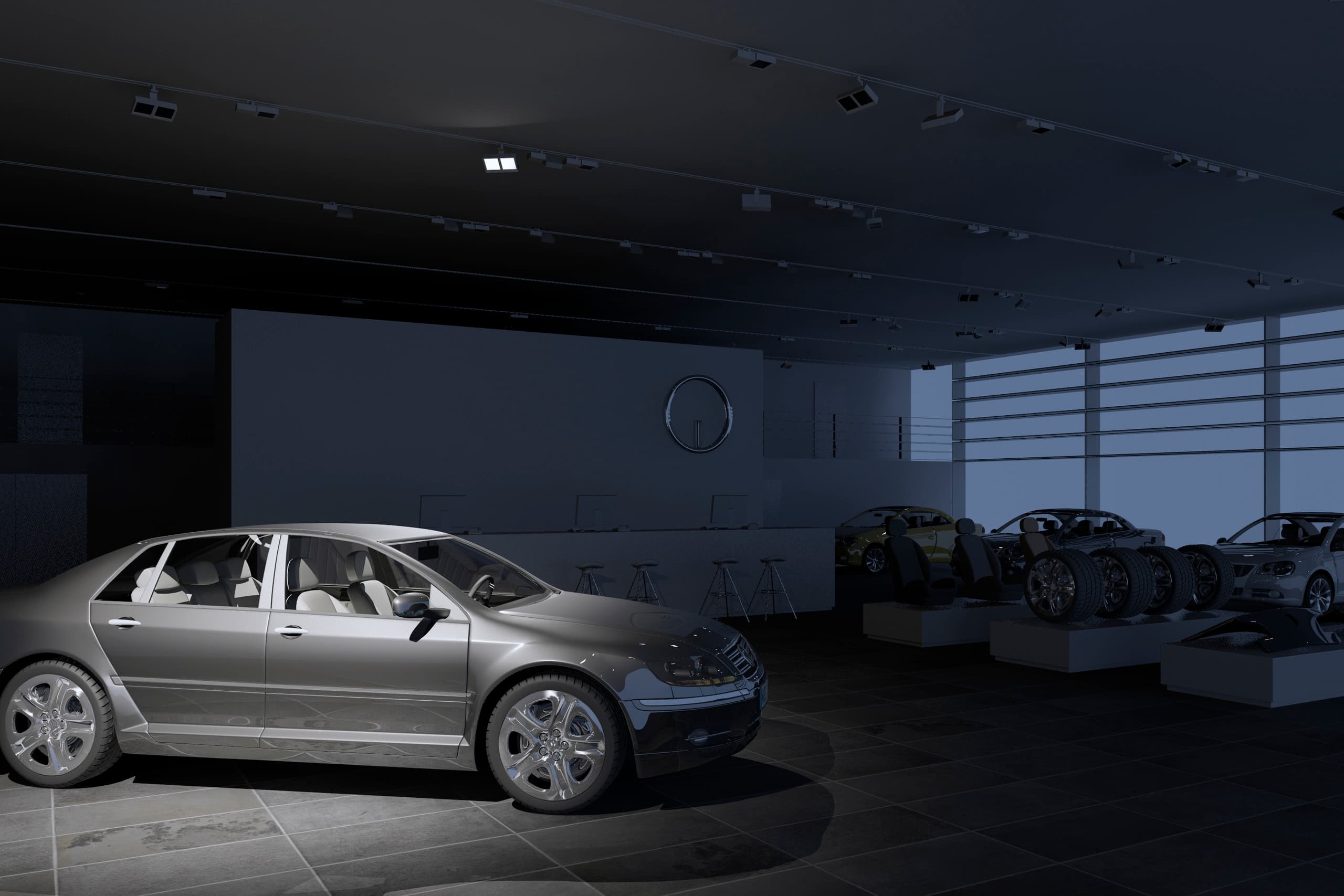 Autohaus-Beleuchtung: ERCO-Licht betont Fahrzeugdetails und Raumwirkung für eine ansprechende Präsentation.
