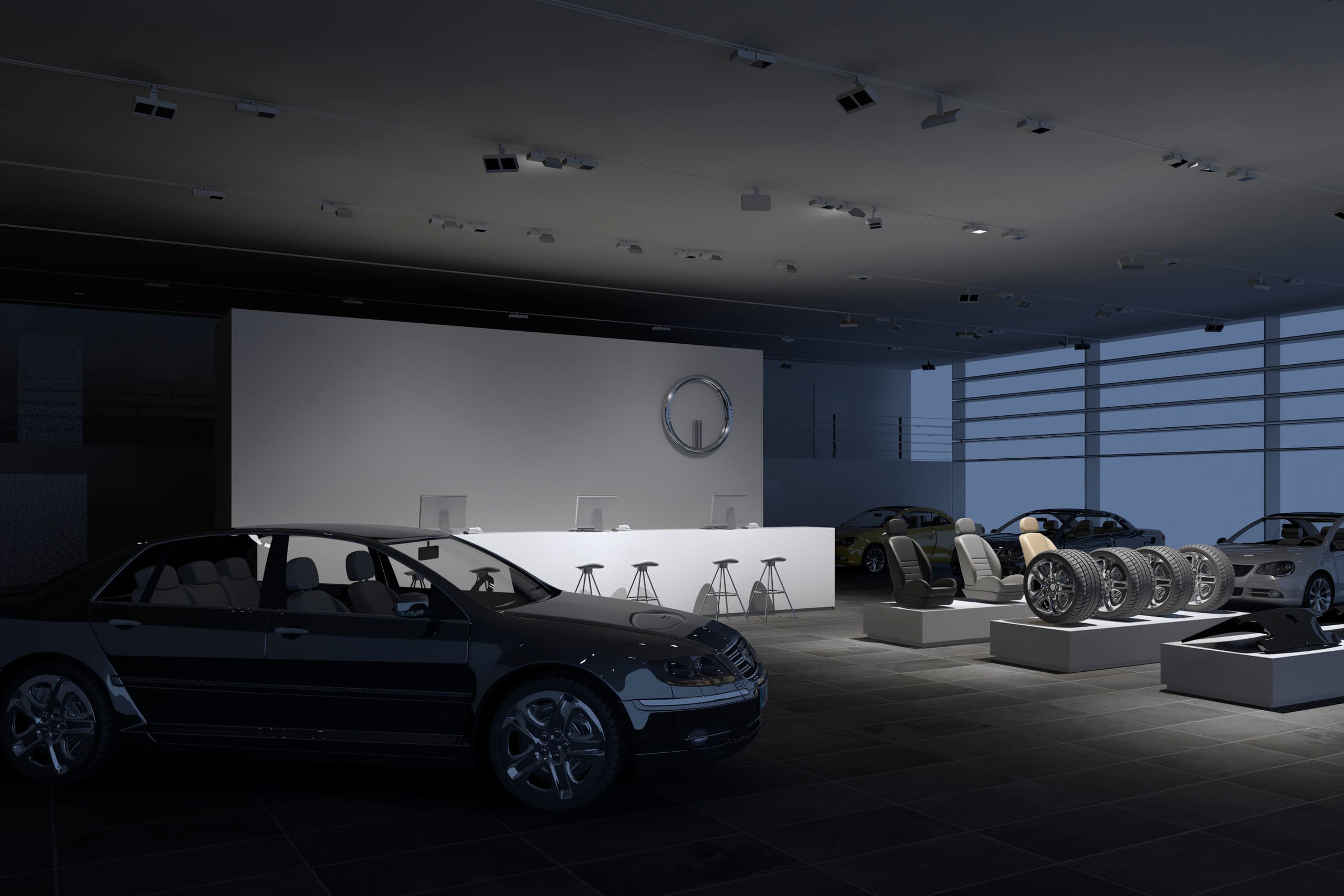 Autohaus mit ERCO Beleuchtung, die Fahrzeuge und Zubehör hervorhebt und eine Markenimage-fördernde Atmosphäre schafft.