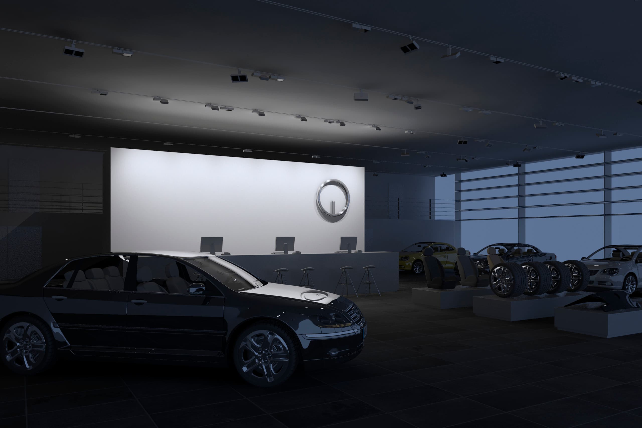 Autohaus-Beleuchtung mit ERCO Licht: Fahrzeugpräsentation und Raumwirkung durch Spotlights, Wallwasher und Flutlichter.