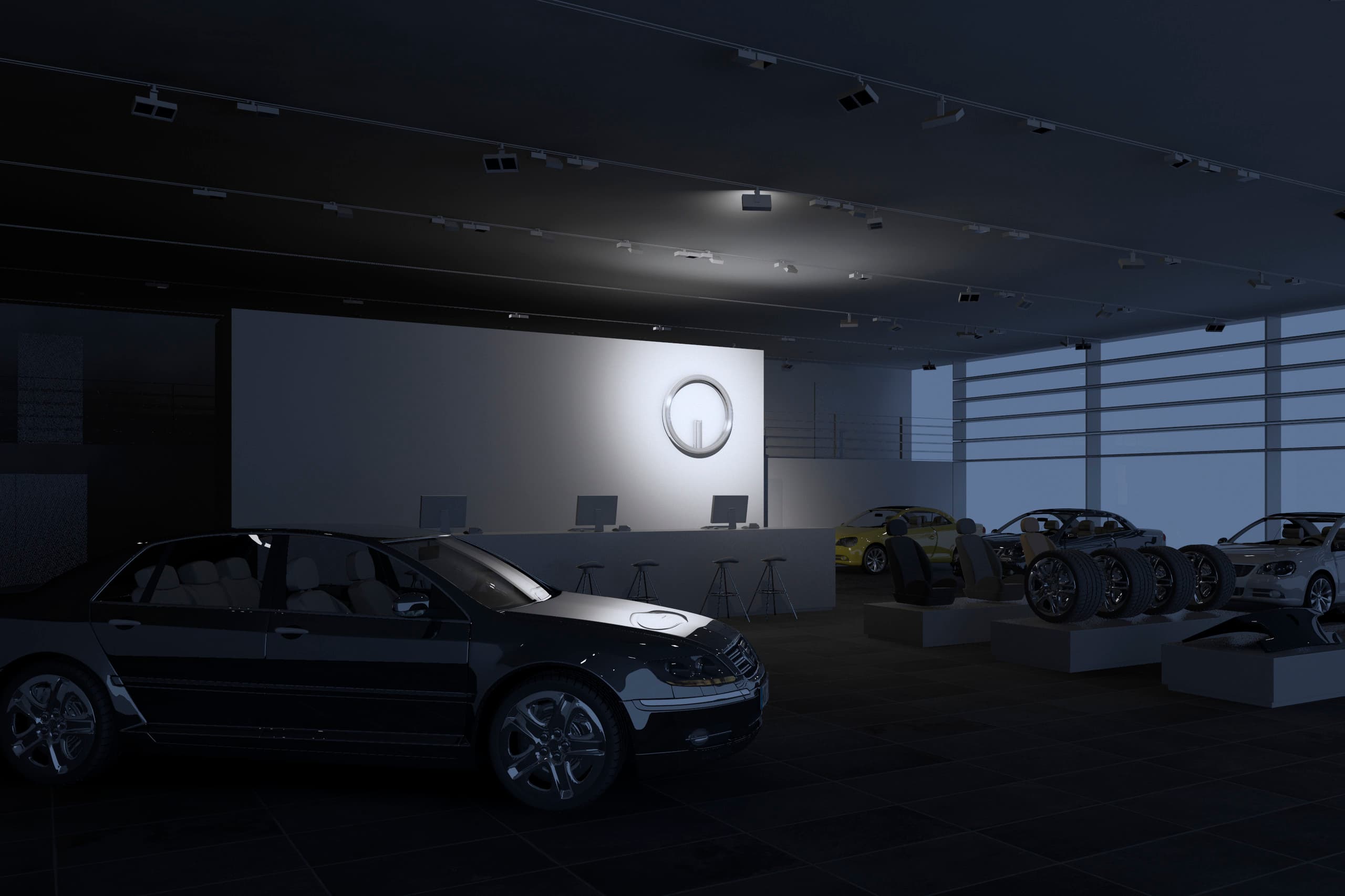 Autohaus-Beleuchtung mit ERCO Lichtwerkzeugen zur Präsentation von Fahrzeugen und Zubehör.