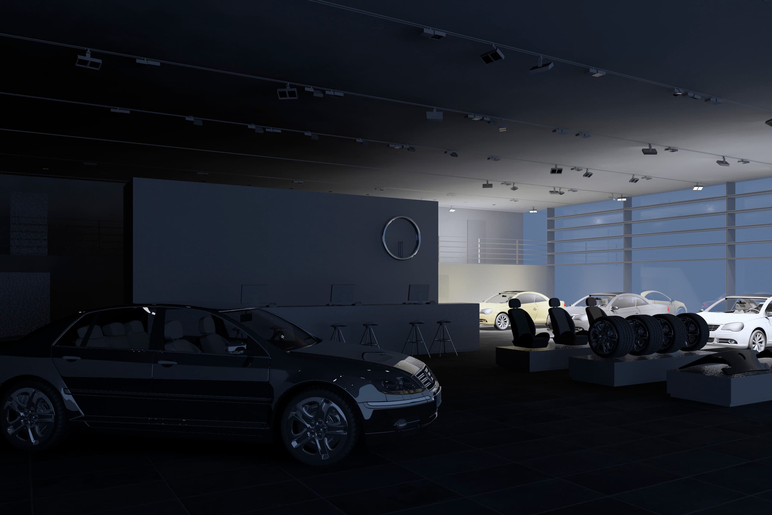 Autohaus-Beleuchtung mit ERCO Licht: Fahrzeugpräsentation und Raumwirkung durch Spotlights, Wallwasher und Flutlichter.
