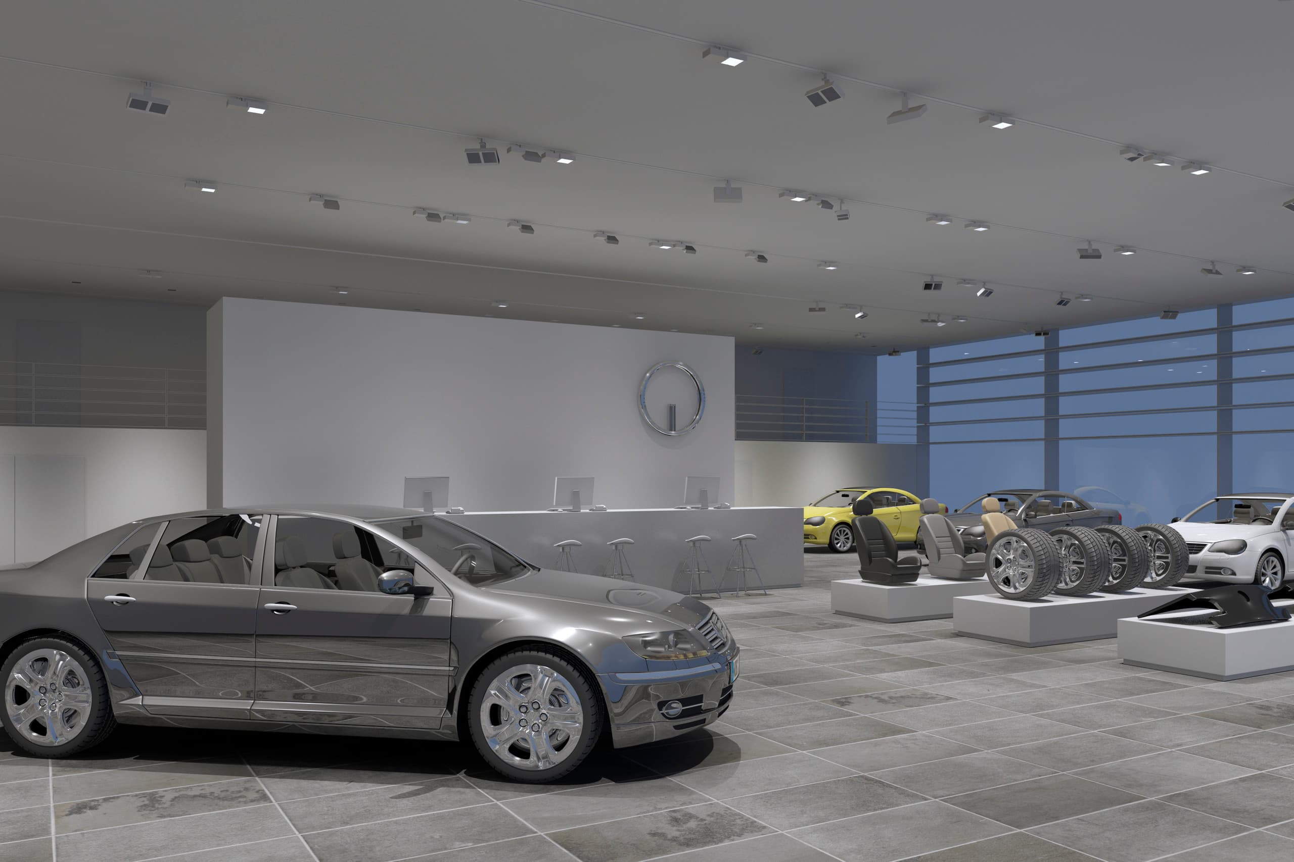 Autohaus mit ERCO Beleuchtung zur hervorhebung der Fahrzeuge und Zubehör.