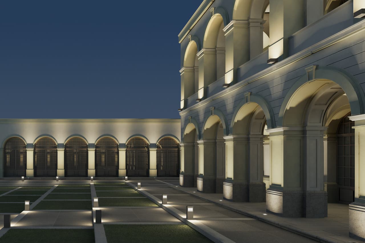 ERCO Außenbeleuchtung: Fassade mit Lichtmuster zur architektonischen Gestaltung im Dunkeln.