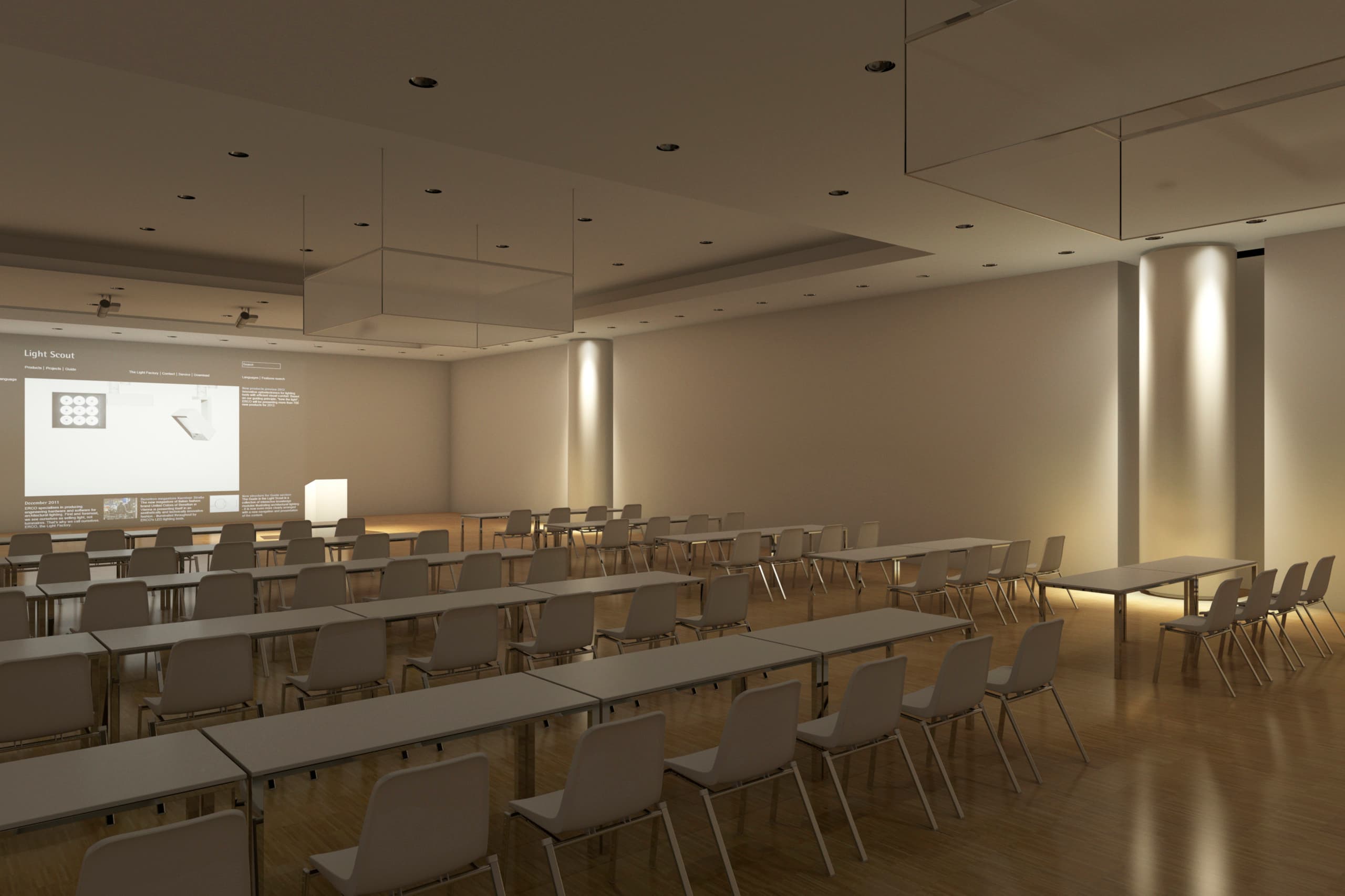 Seminarraum mit ERCO Lichtlösungen: Downlights für Umgebungslicht, Wallwasher für Raumwirkung, Akzentlicht für Vorträge.