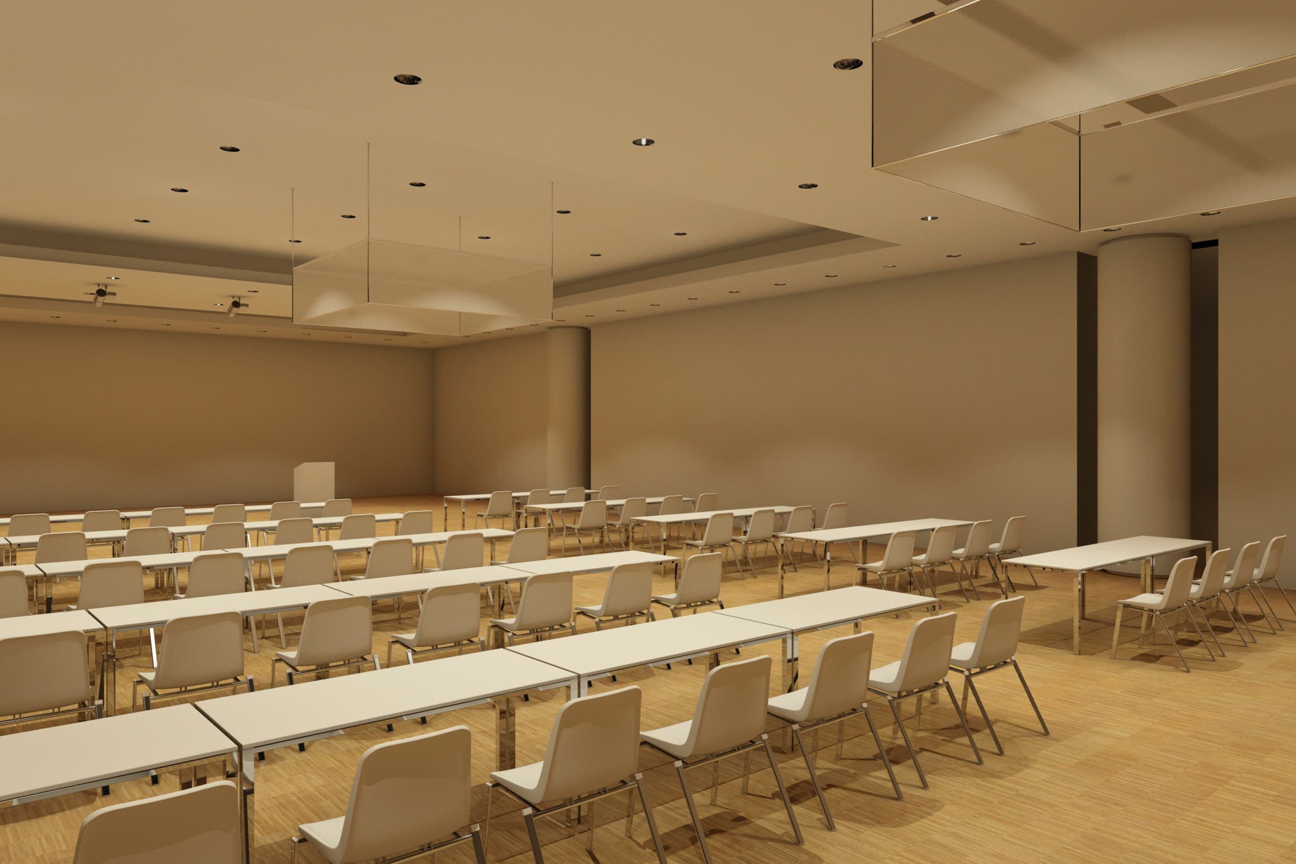 Seminarraum mit Tischen und Stühlen, beleuchtet mit ERCO Downlights für Präsentationen.