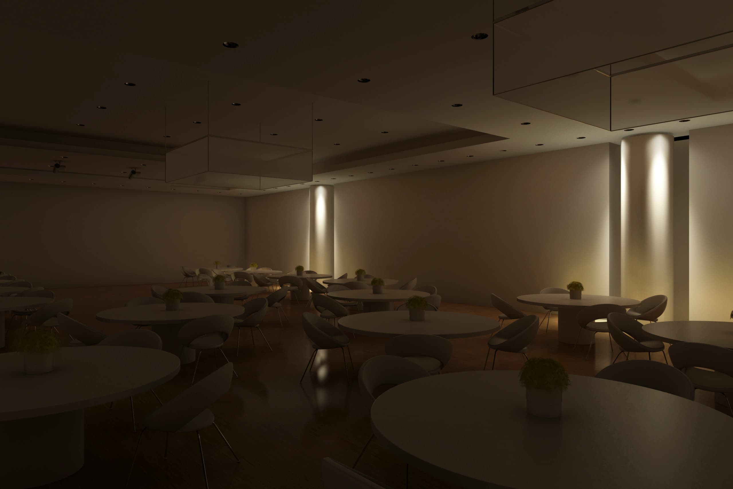 Multifunktionaler Seminarraum mit Downlights und Wandflutern für flexible Lichtszenen.