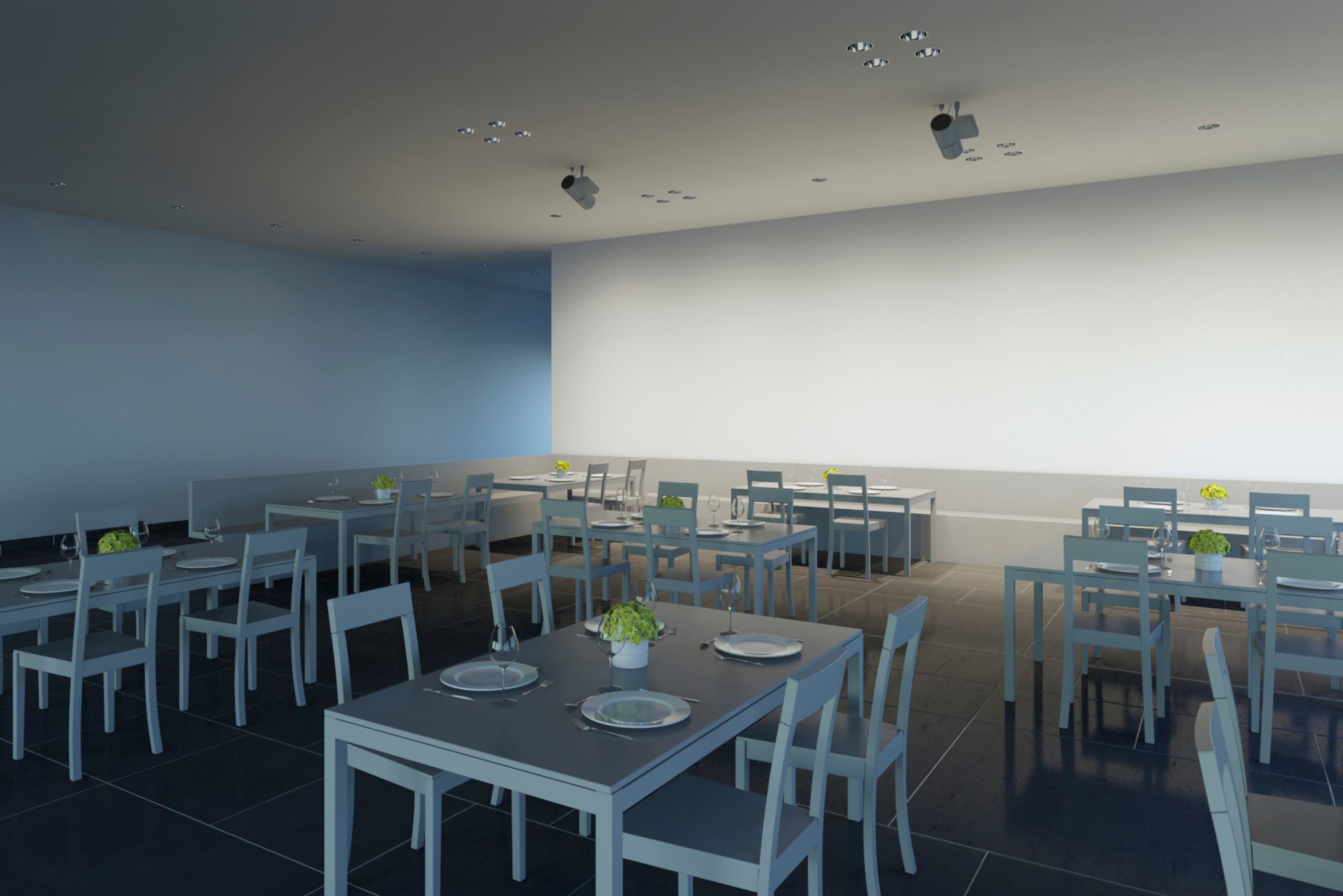 ERCO Lichtplanung im Restaurant: Akzentbeleuchtung der Tische durch Deckenspots für angenehme Atmosphäre.