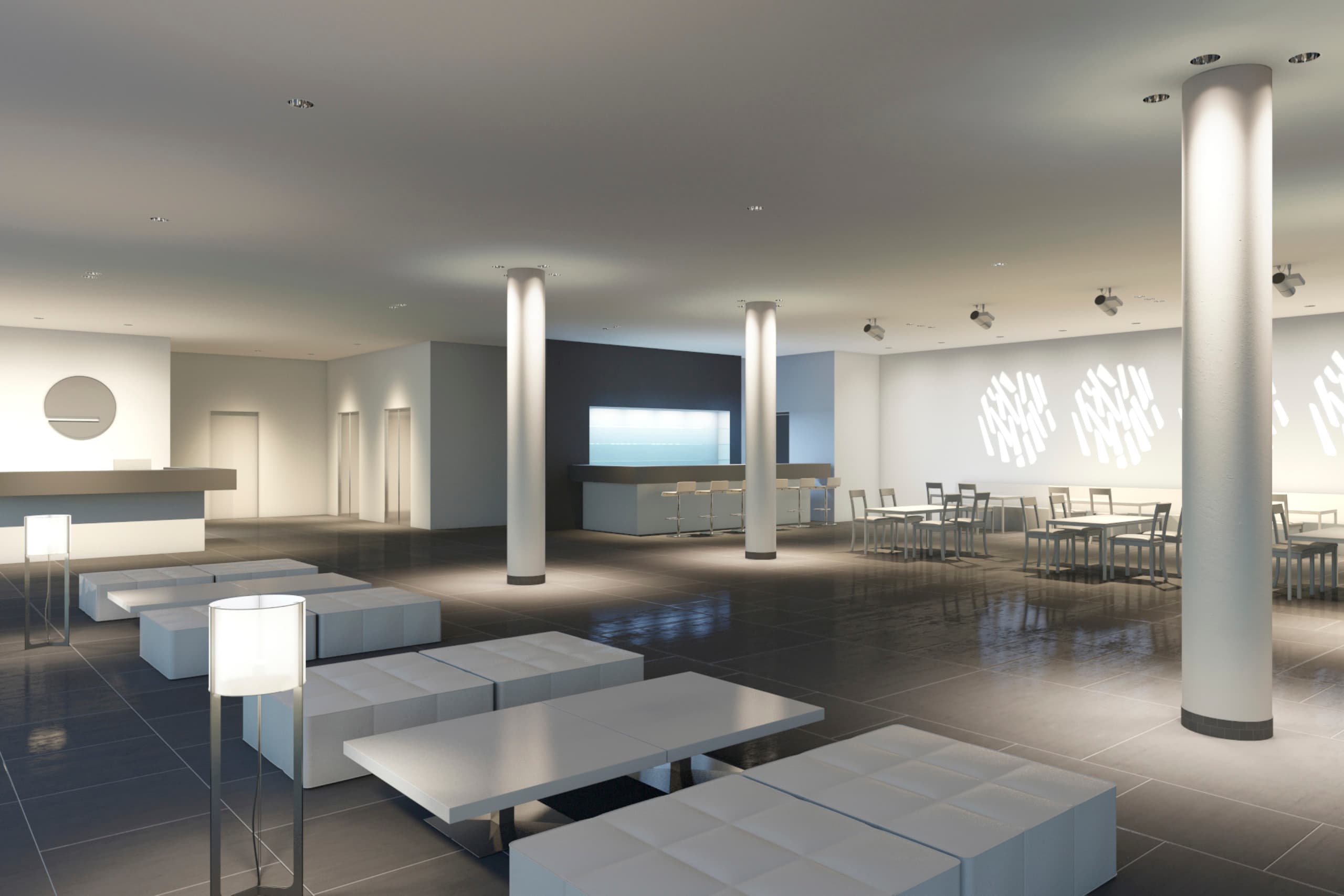 Helle Hotellobby mit ERCO Beleuchtung, die Ambiente und Orientierung schafft.
