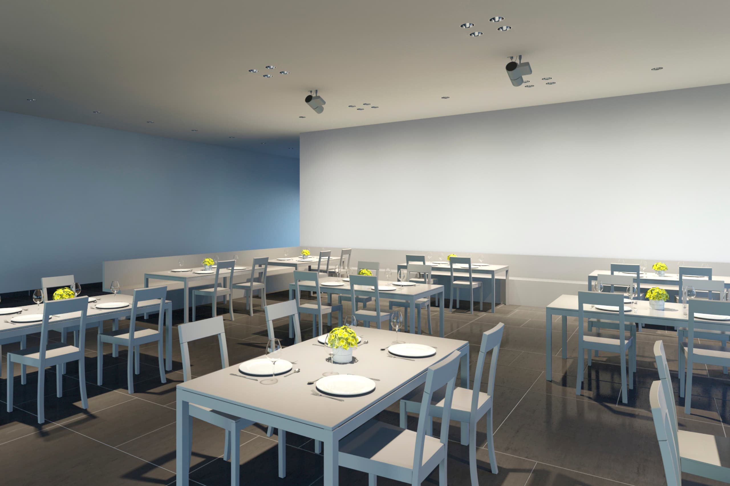ERCO Lichtlösung im Restaurant: Akzentbeleuchtung der Tische und Wandflutung für ein angenehmes Ambiente.