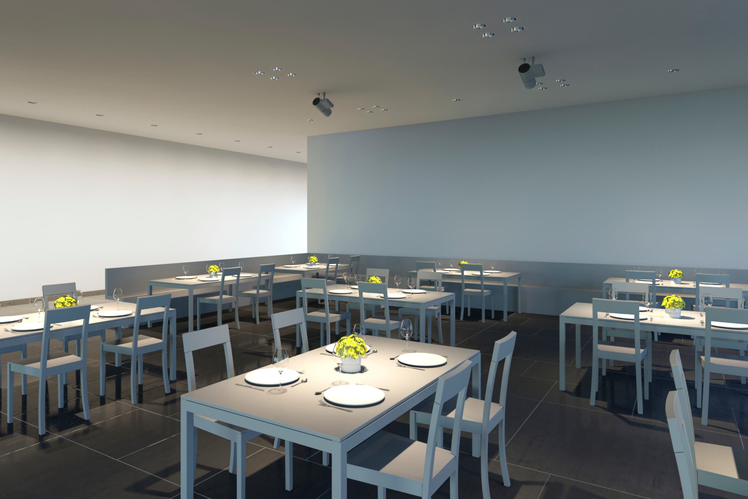 ERCO Lichtplanung im Restaurant: Akzentbeleuchtung der Tische und Wandflutung für ein angenehmes Ambiente.