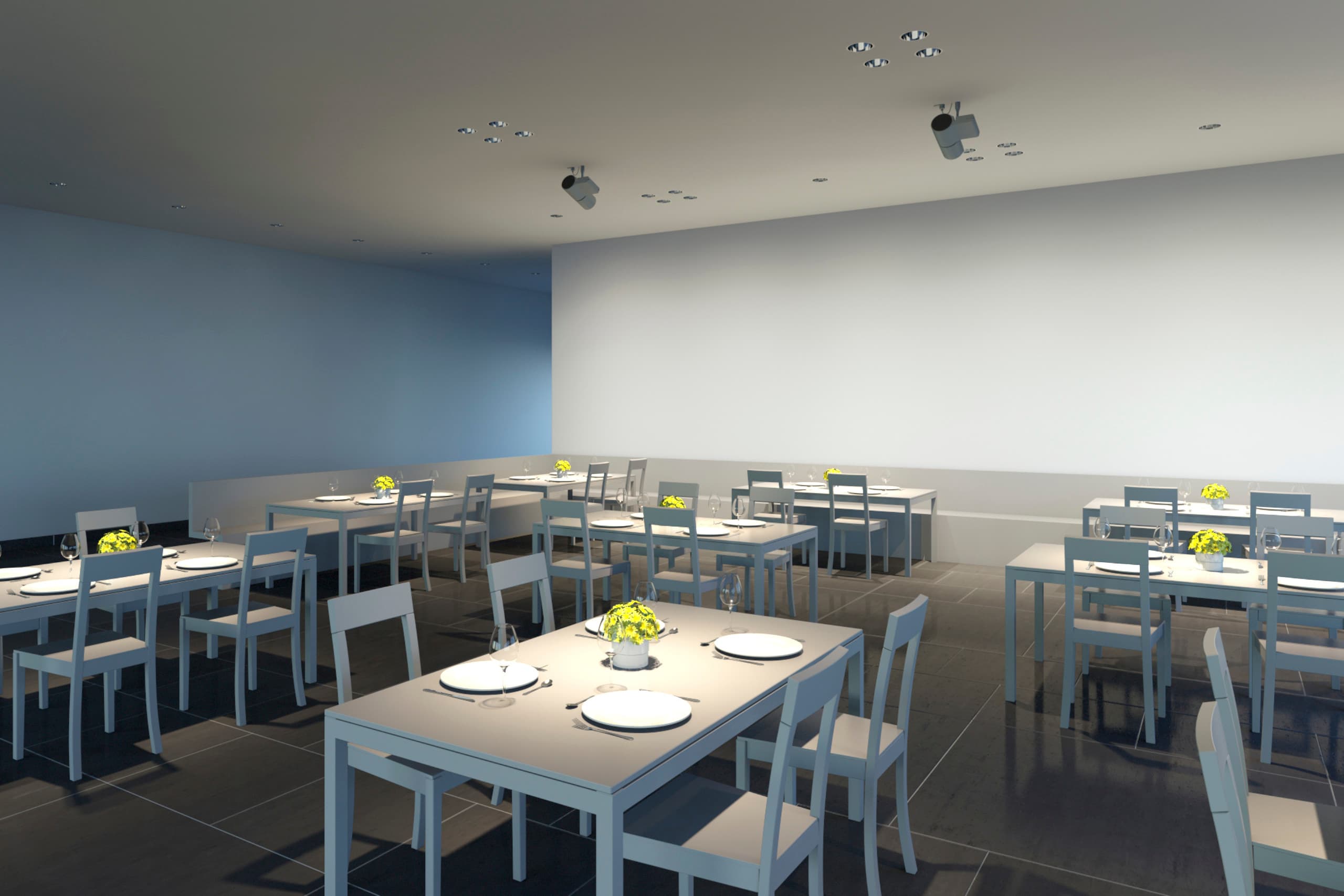 Restaurantbeleuchtung mit ERCO Strahlern für Akzentuierung und Ambiente.