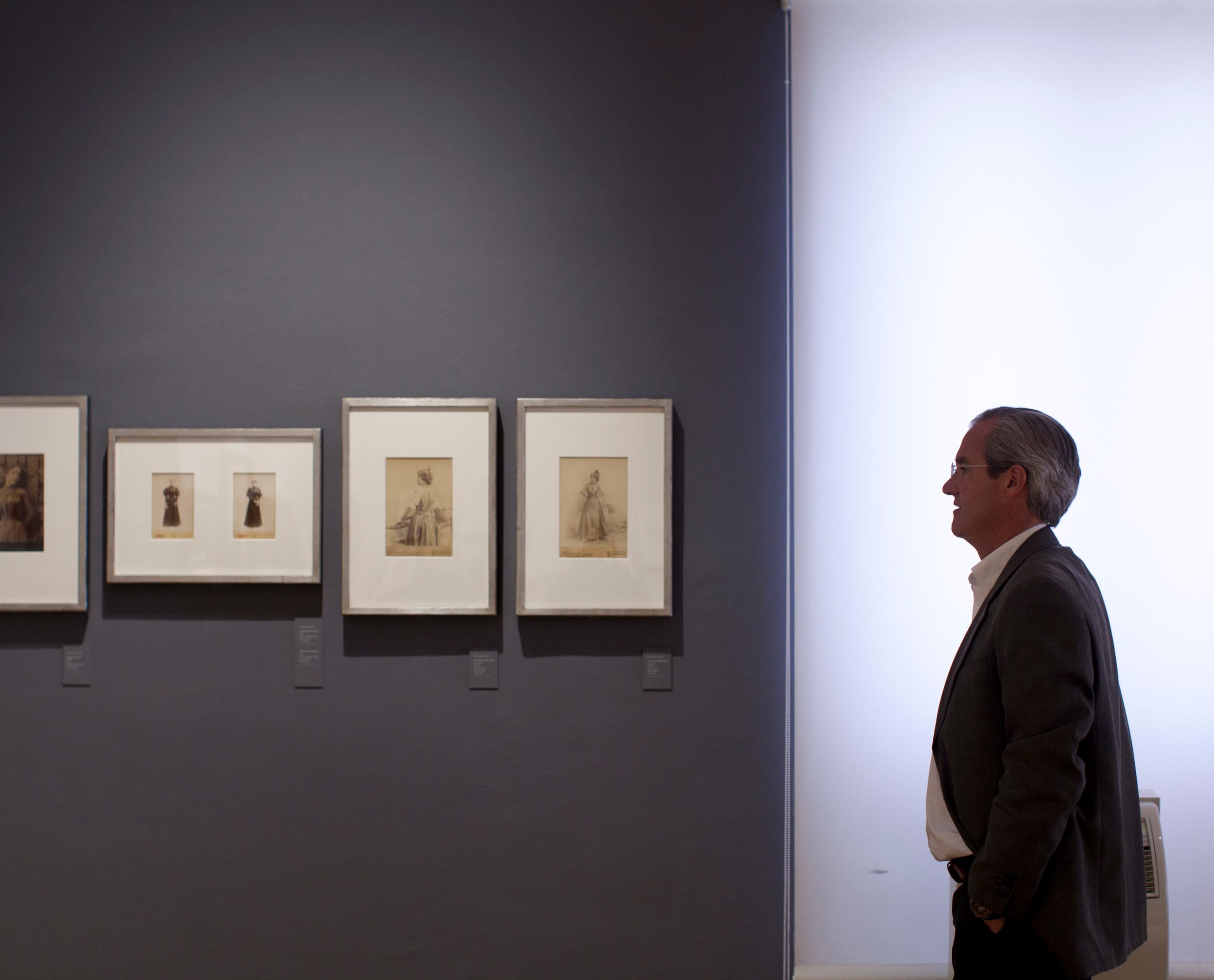Ein Besucher betrachtet Gemälde im Sorolla Museum, beleuchtet mit ERCO Logotec LED Strahlern.