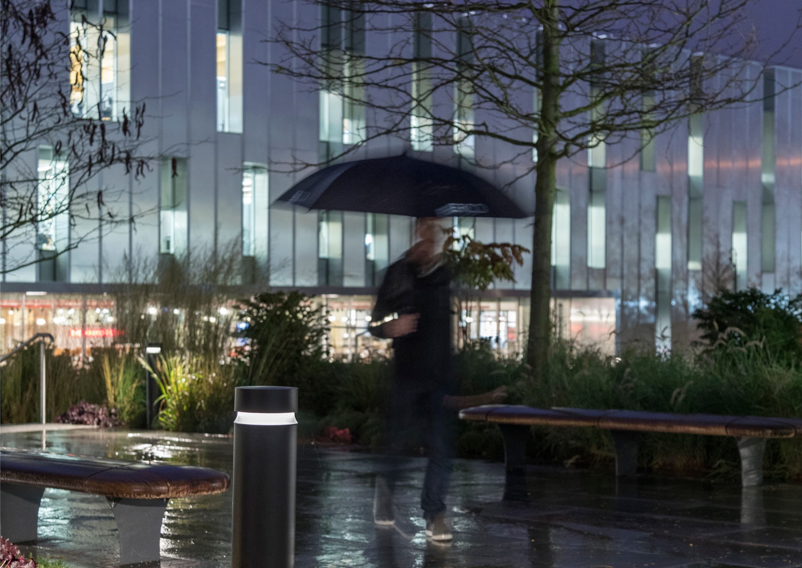 ERCO Pollerleuchte beleuchtet einen regnerischen Parkweg und sorgt für Orientierung und Sicherheit im Dunkeln.