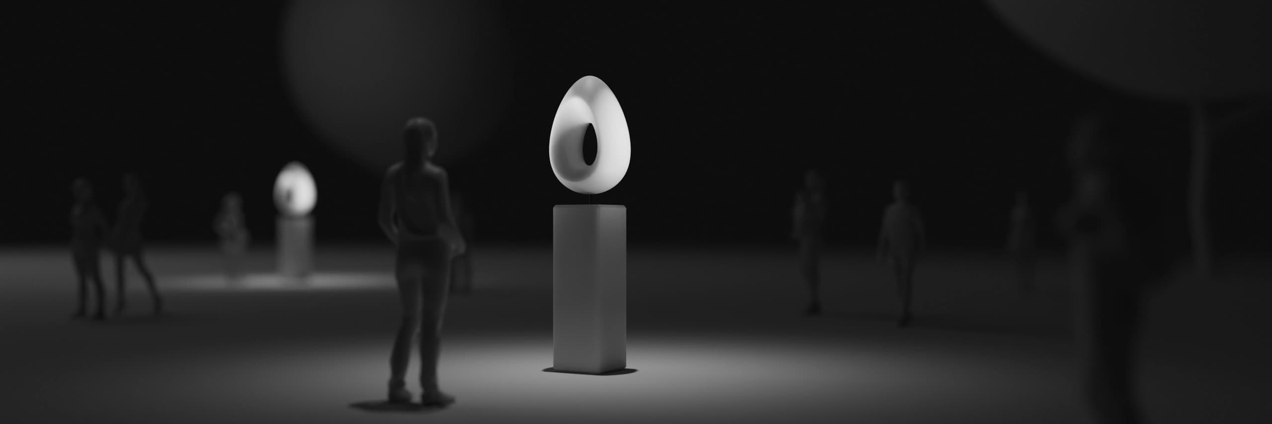 Beleuchtete Skulptur in einem Museum, betont durch ERCO Lichttechnik für Kunstausstellungen.