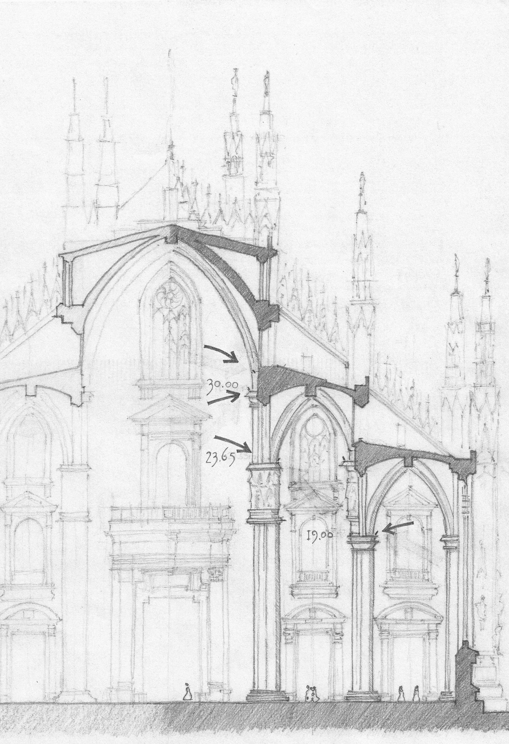 Skizze des Mailänder Doms, die die Beleuchtungsplanung und architektonischen Details zeigt.