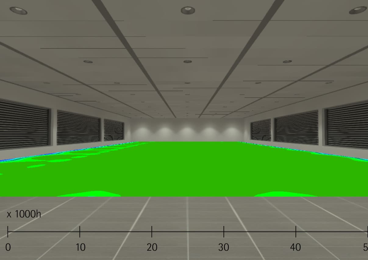 Visualisierung der Lichtverteilung mit ERCO LEDs über 50.000 Betriebsstunden.