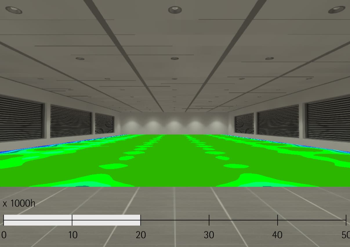 Visualisierung der Lichtverteilung mit ERCO LEDs, die eine hohe Lebensdauer und Lichtqualität in Büroumgebungen gewährleisten.