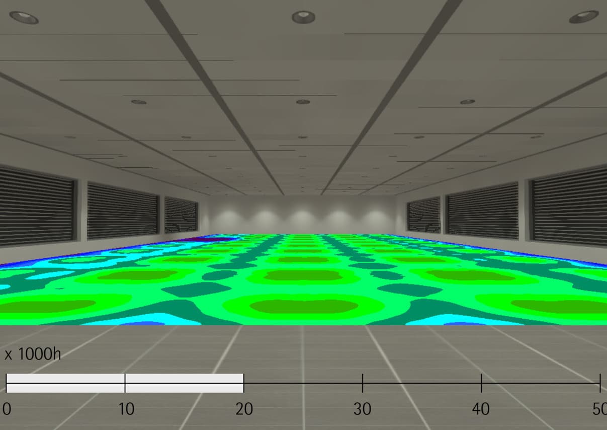 Visualisierung der Lichtverteilung mit ERCO LEDs über 50.000 Betriebsstunden.