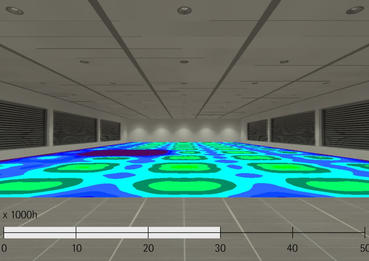 Visualisierung der Lichtverteilung mit ERCO LEDs über 50.000 Betriebsstunden.