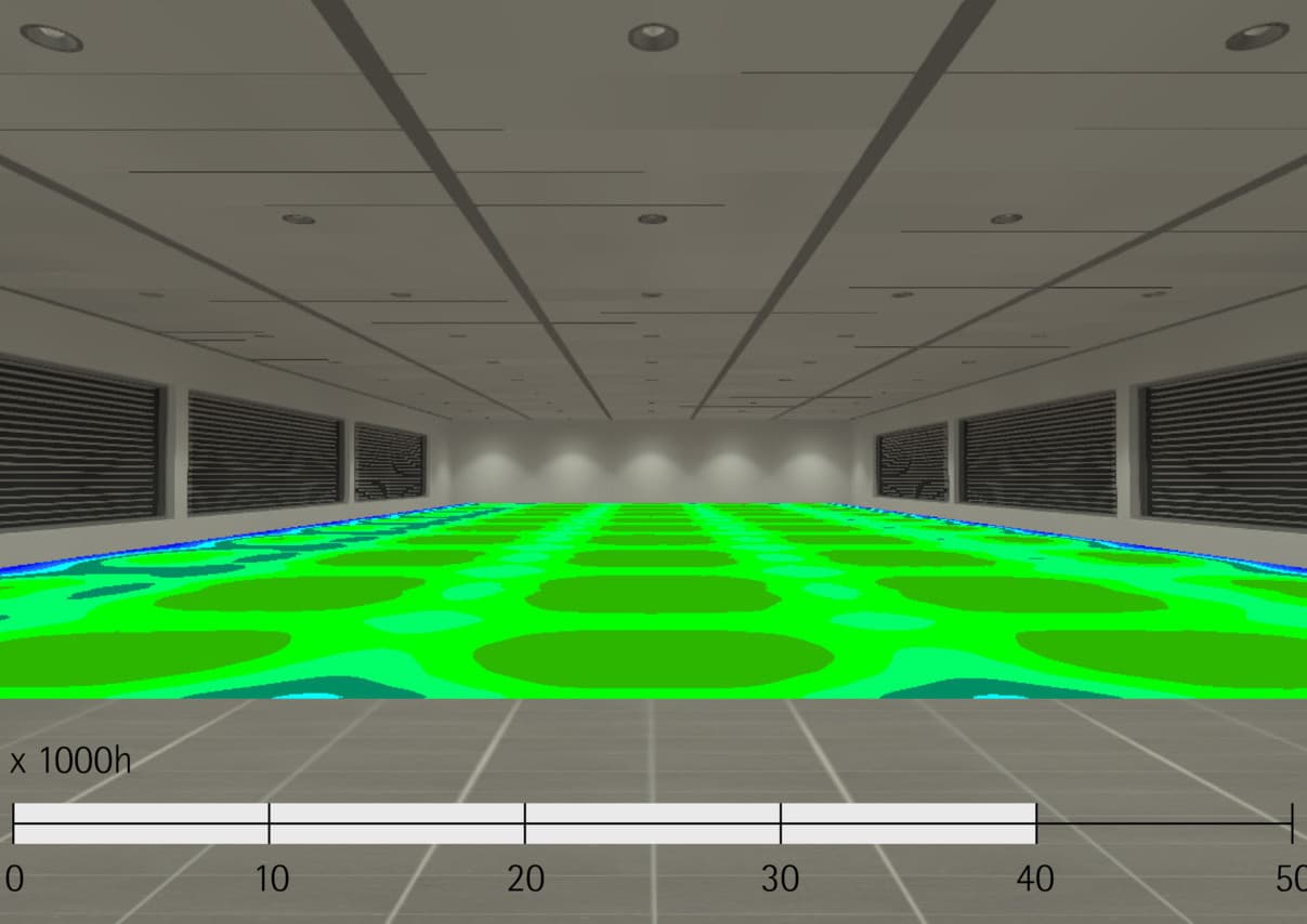 Visualisierung der Lichtverteilung mit ERCO LEDs, die eine hohe Lebensdauer und Lichtqualität demonstrieren.
