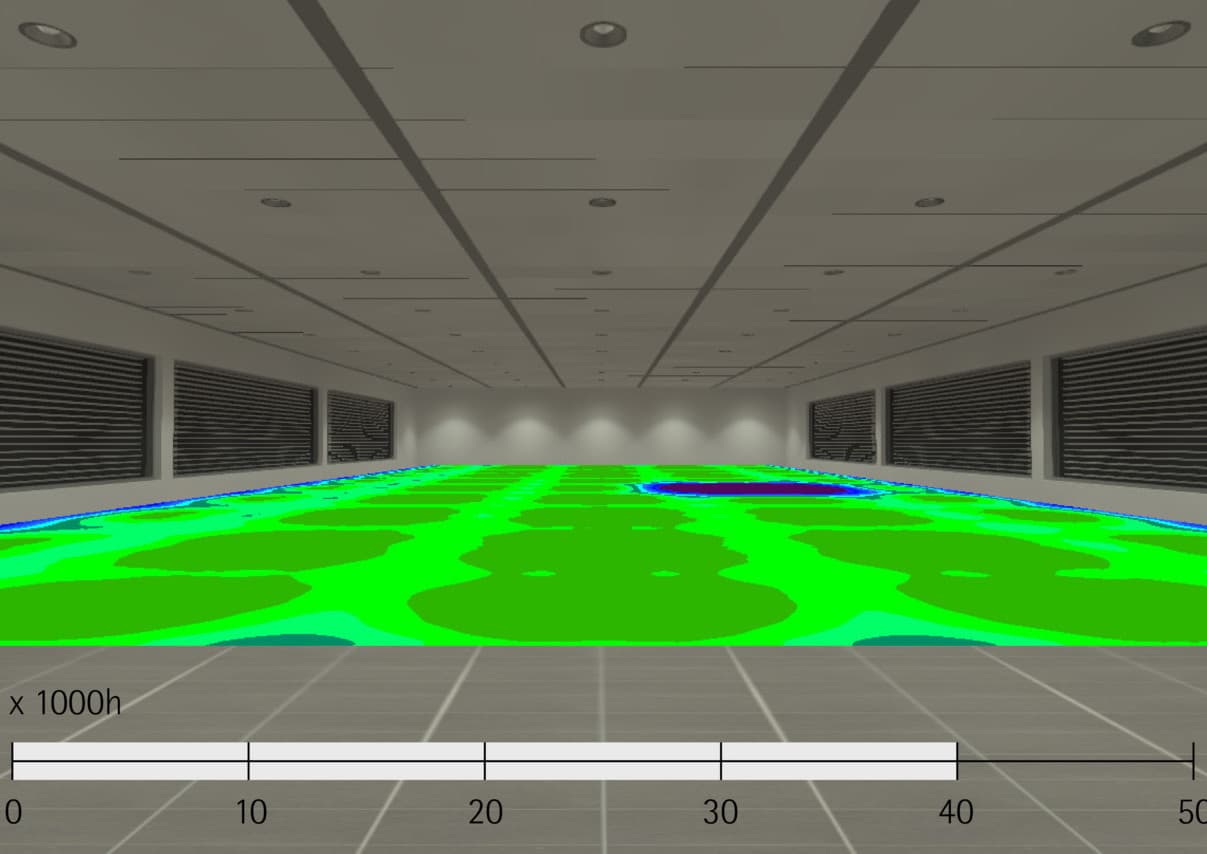 Visualisierung der Lebensdauer von ERCO LEDs (L90/B10) im Vergleich zu Standard LEDs (L70/B50) in einem Büro.